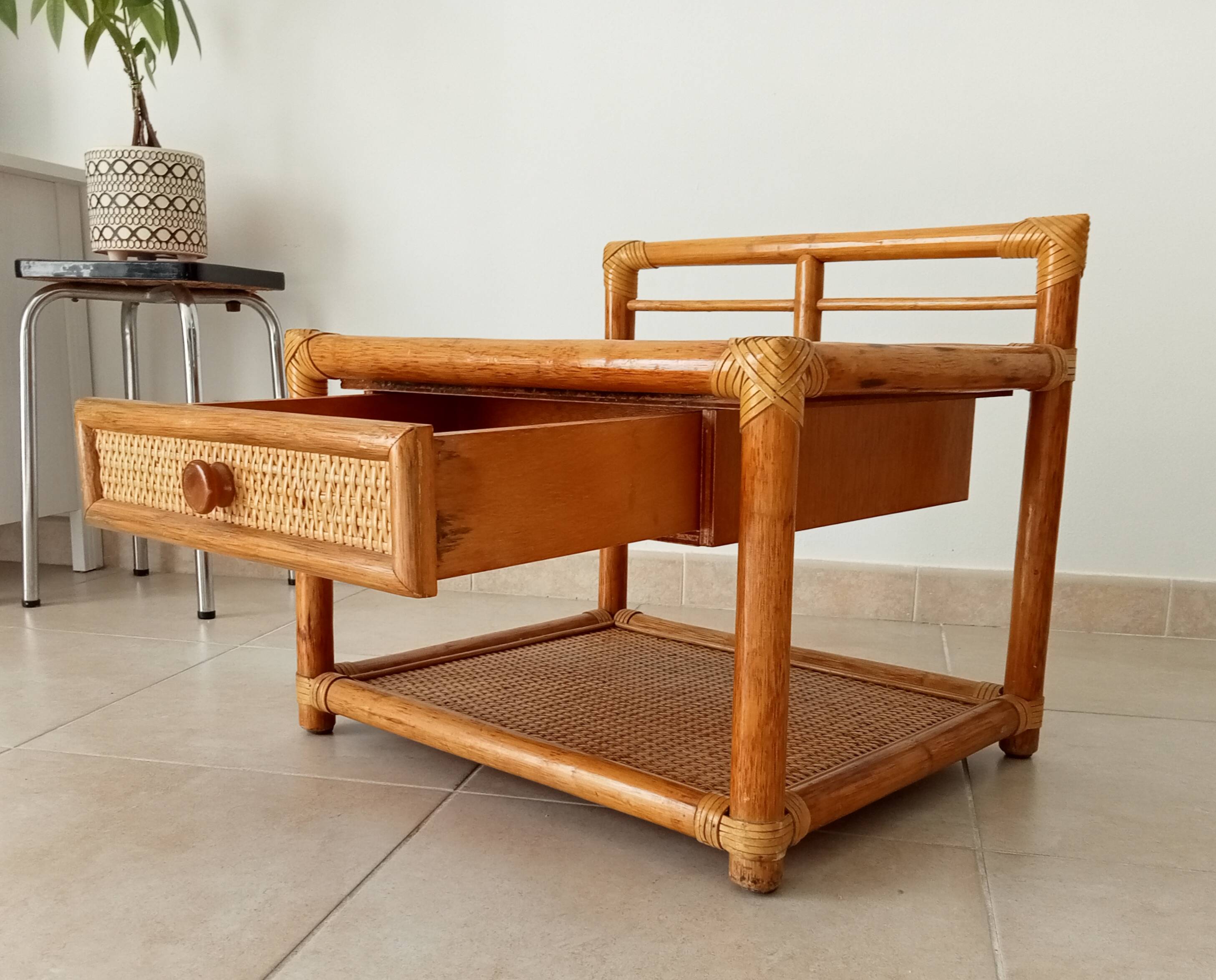 Vintage Maugrion side table in bamboo and rattan