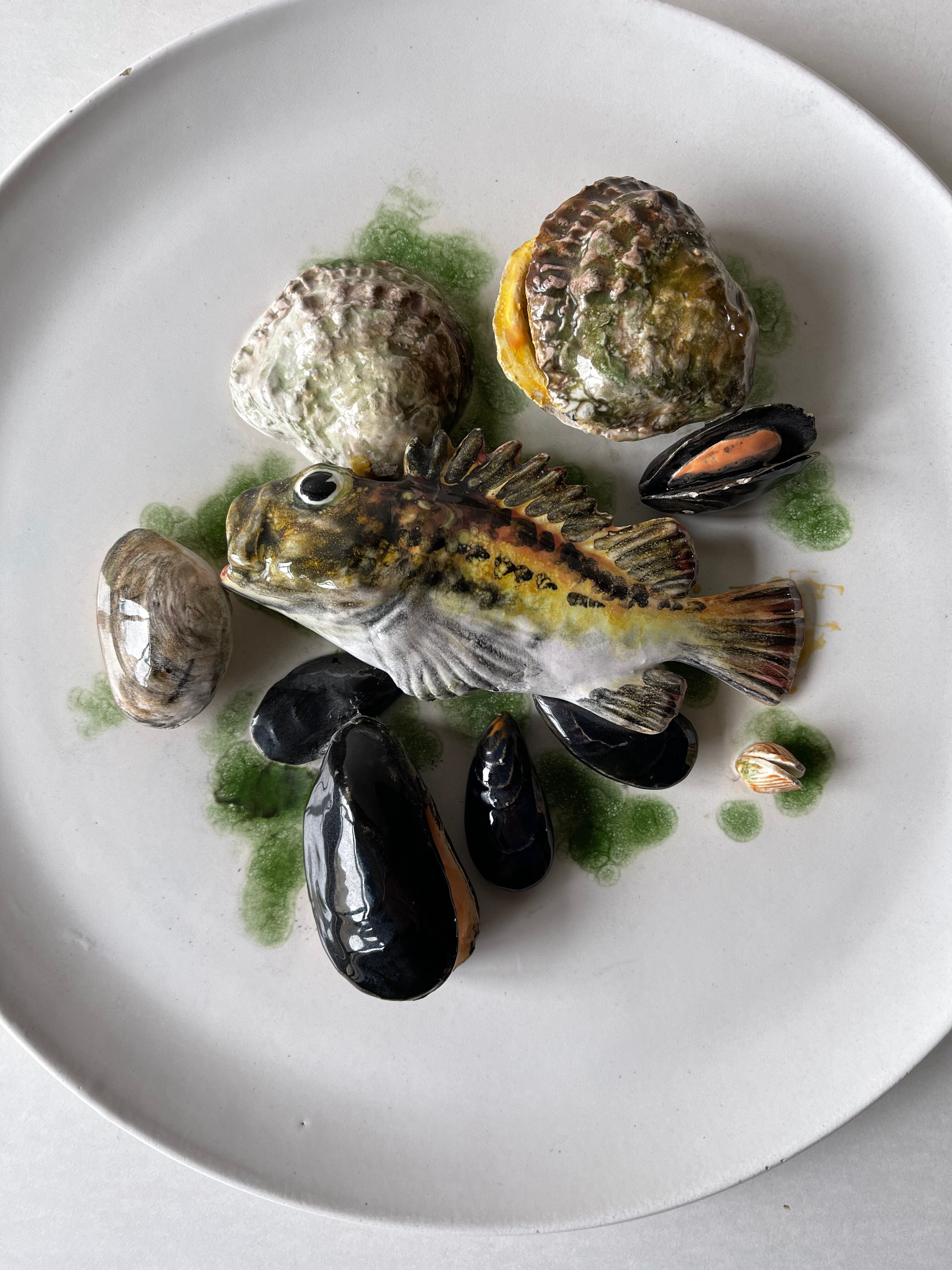 Vintage seafood barbotine dish