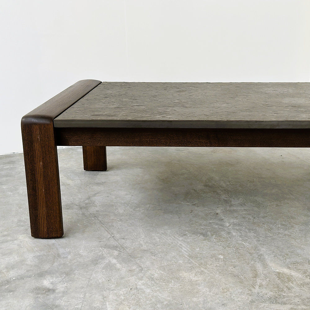 Vintage Belgian oak & fossil slate coffee table, brutalist modern, 1970s