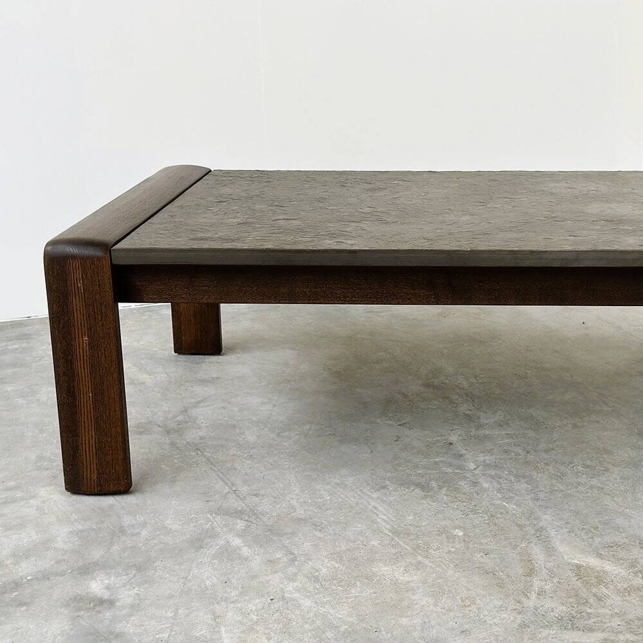 Vintage Belgian oak & fossil slate coffee table, brutalist modern, 1970s