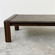 Vintage Belgian oak & fossil slate coffee table, brutalist modern, 1970s