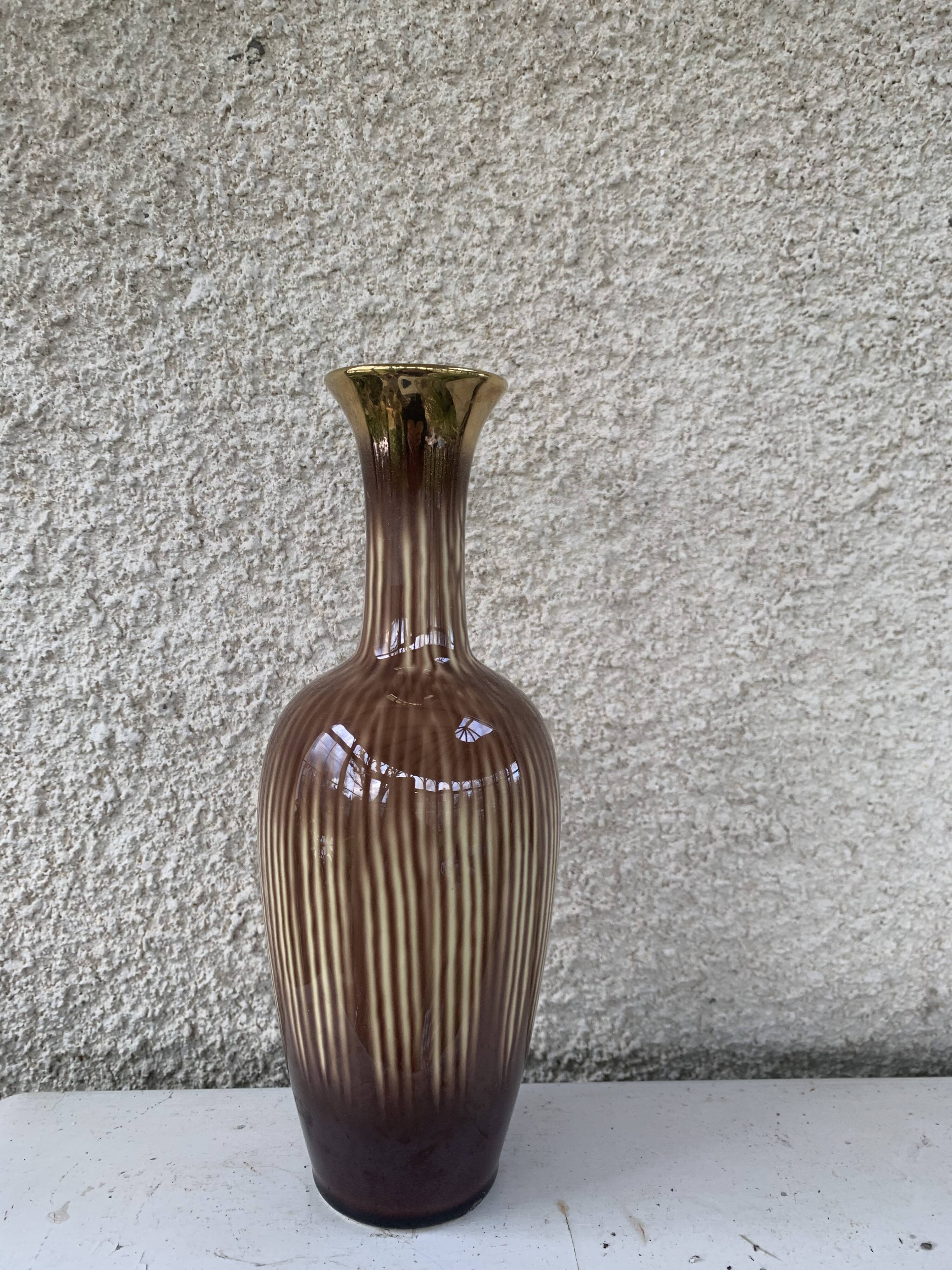 Soliflore vase in beige and gold glazed ceramic, numbered and vintage