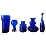 Set of five mid-century cobalt glass vases, Harzkristall, Marita Voigt, 1970