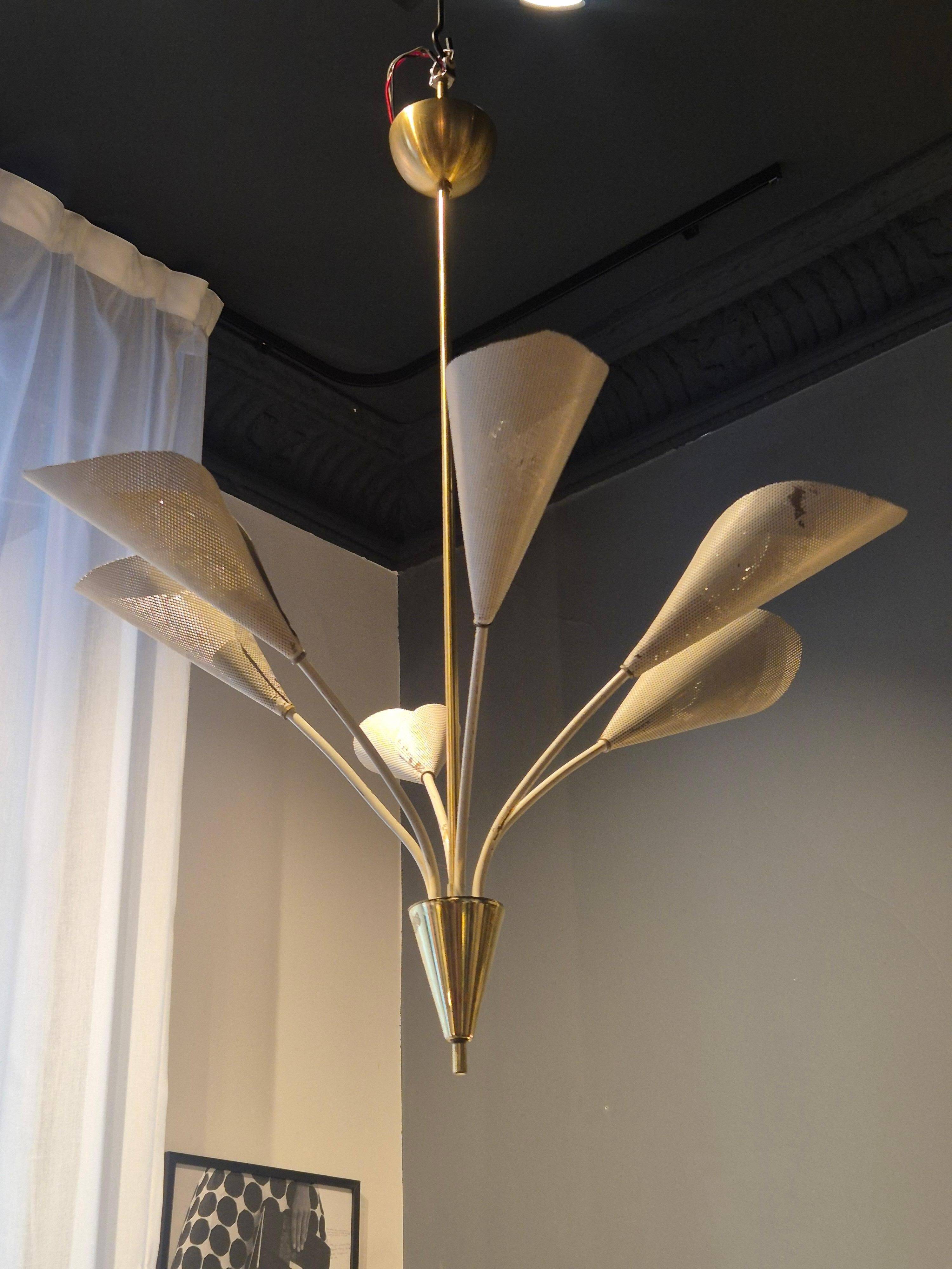 Elegant Chandelier with Six Arms, Perforated Metal Shade, Midcentury Modern