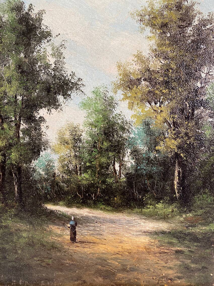Alain Bonnaud (20th century), small oil on canvas. “Woman on a forest path”
