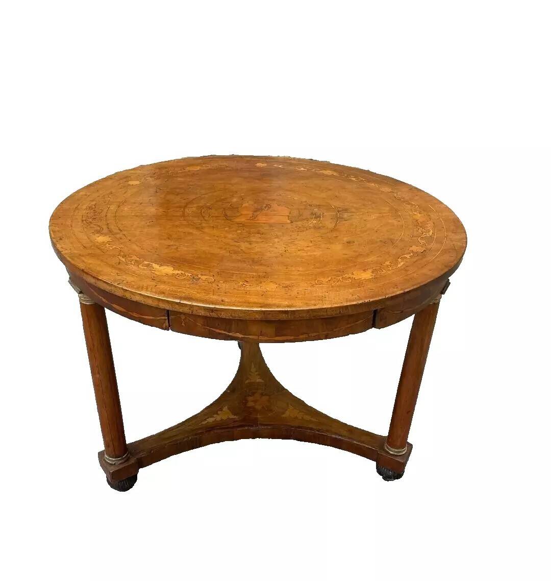Antique round marquetry Empire table from the early 19th century