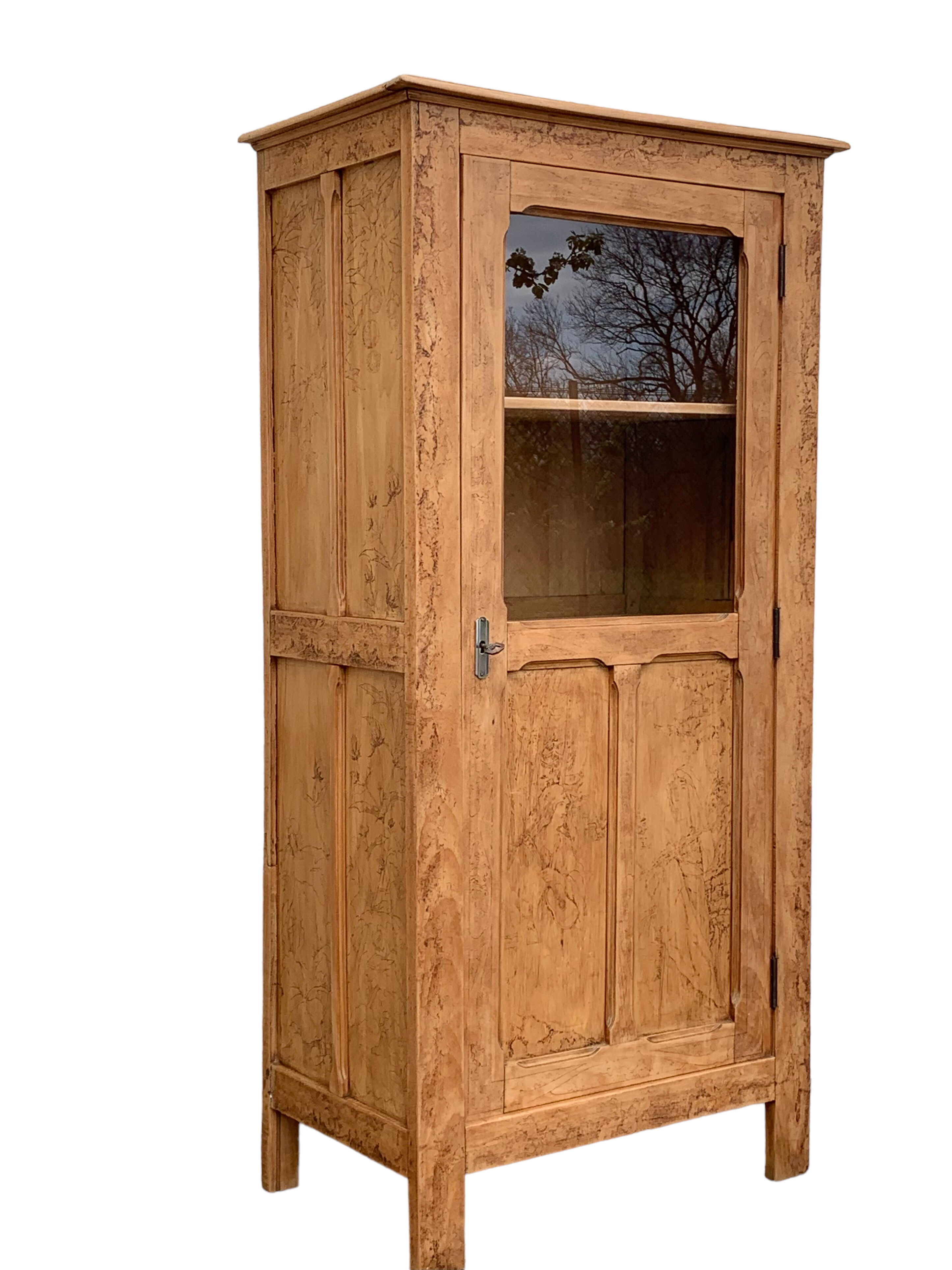 Parisian cabinet glazed raw wood nymphs and carved art nouveau decorations