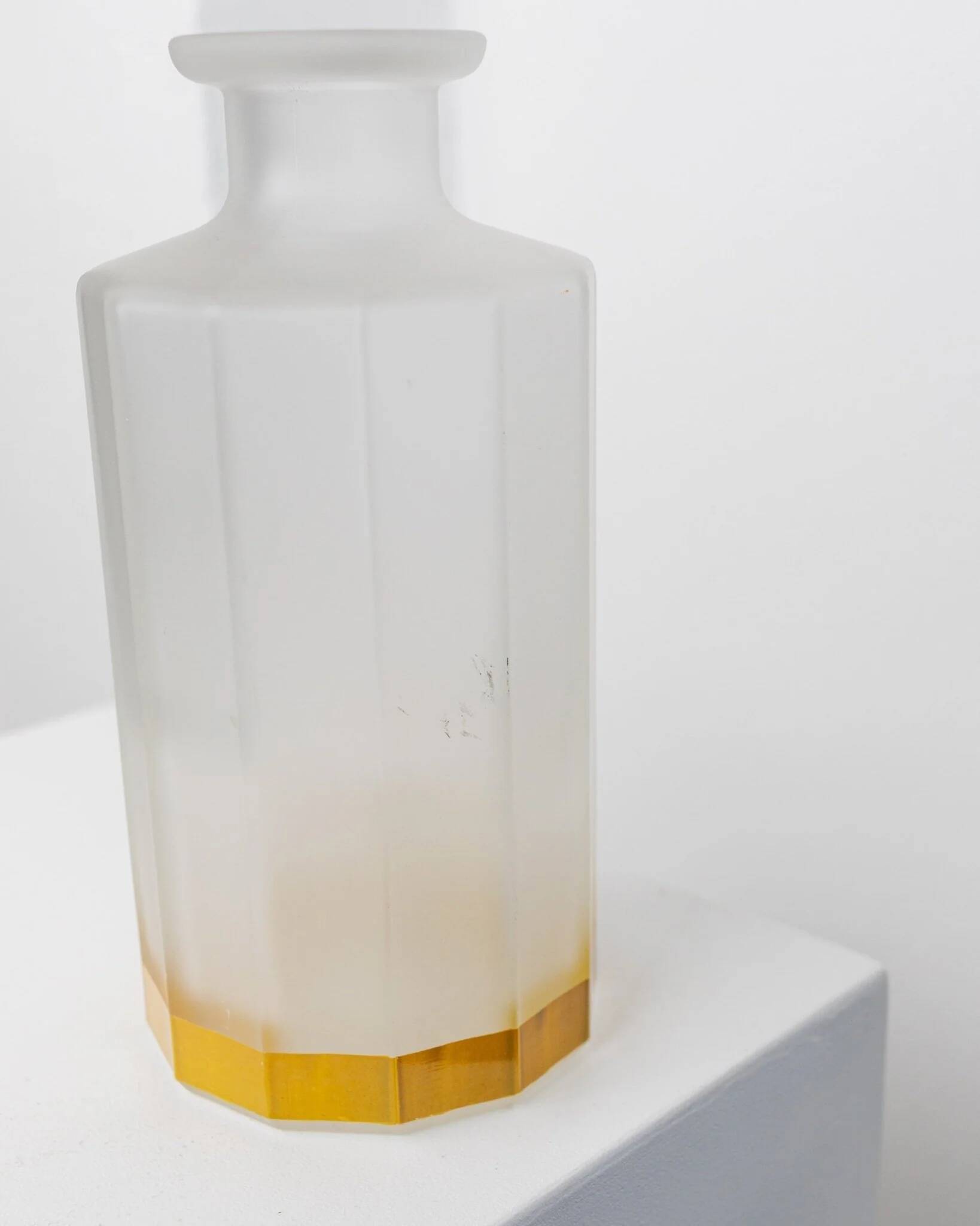 Vintage milky glass vase with yellow base, twelve-faced silhouette, Italian Bormioli, 1980s