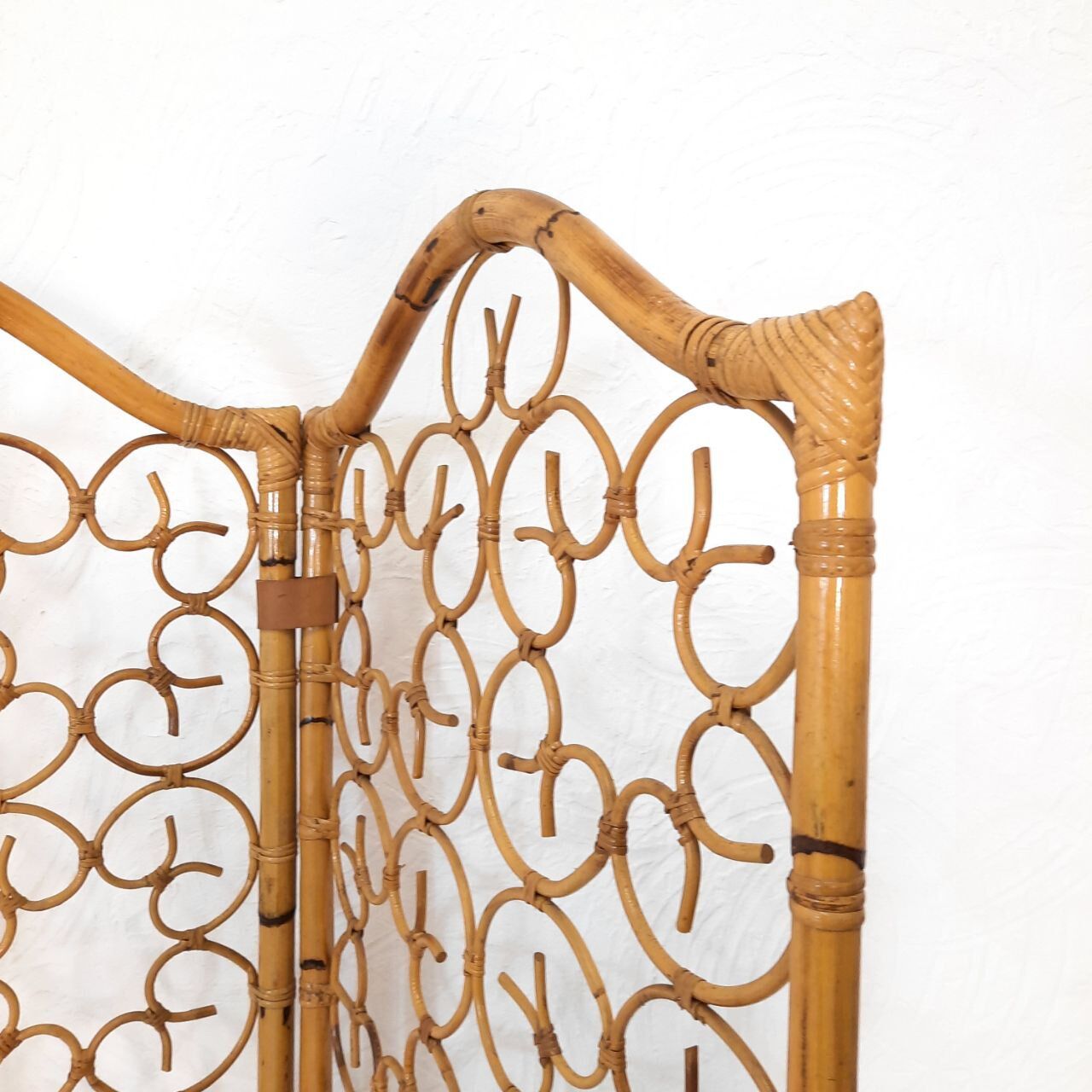 Vintage screen made of bamboo, wicker and leather