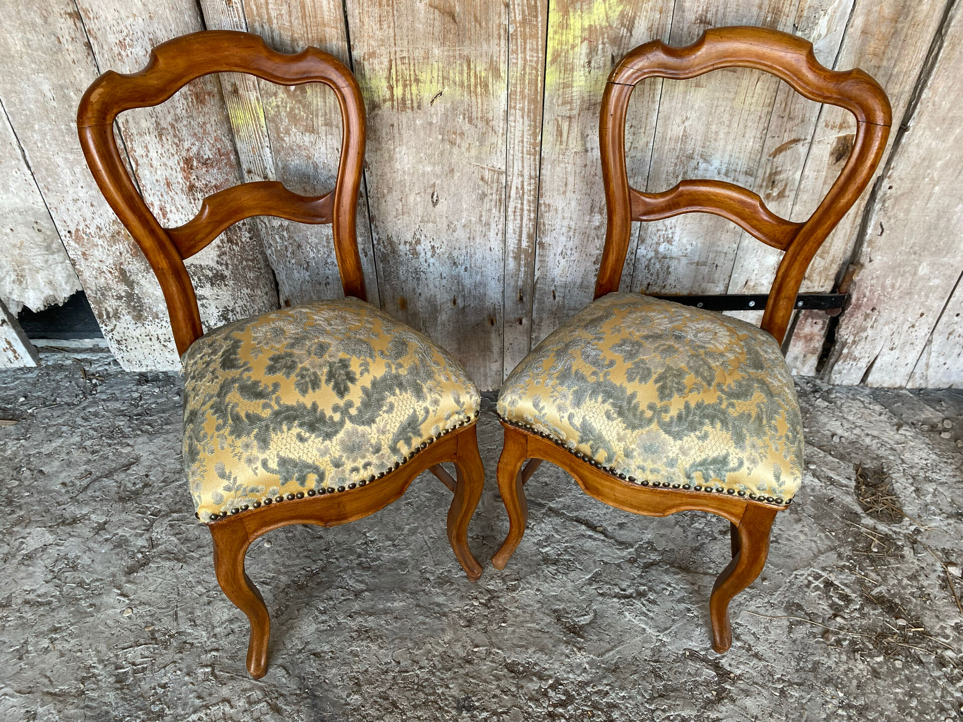 Pair of Antique Louis Philippe Chairs Wood + Fabric Seat 19th Century Vintage