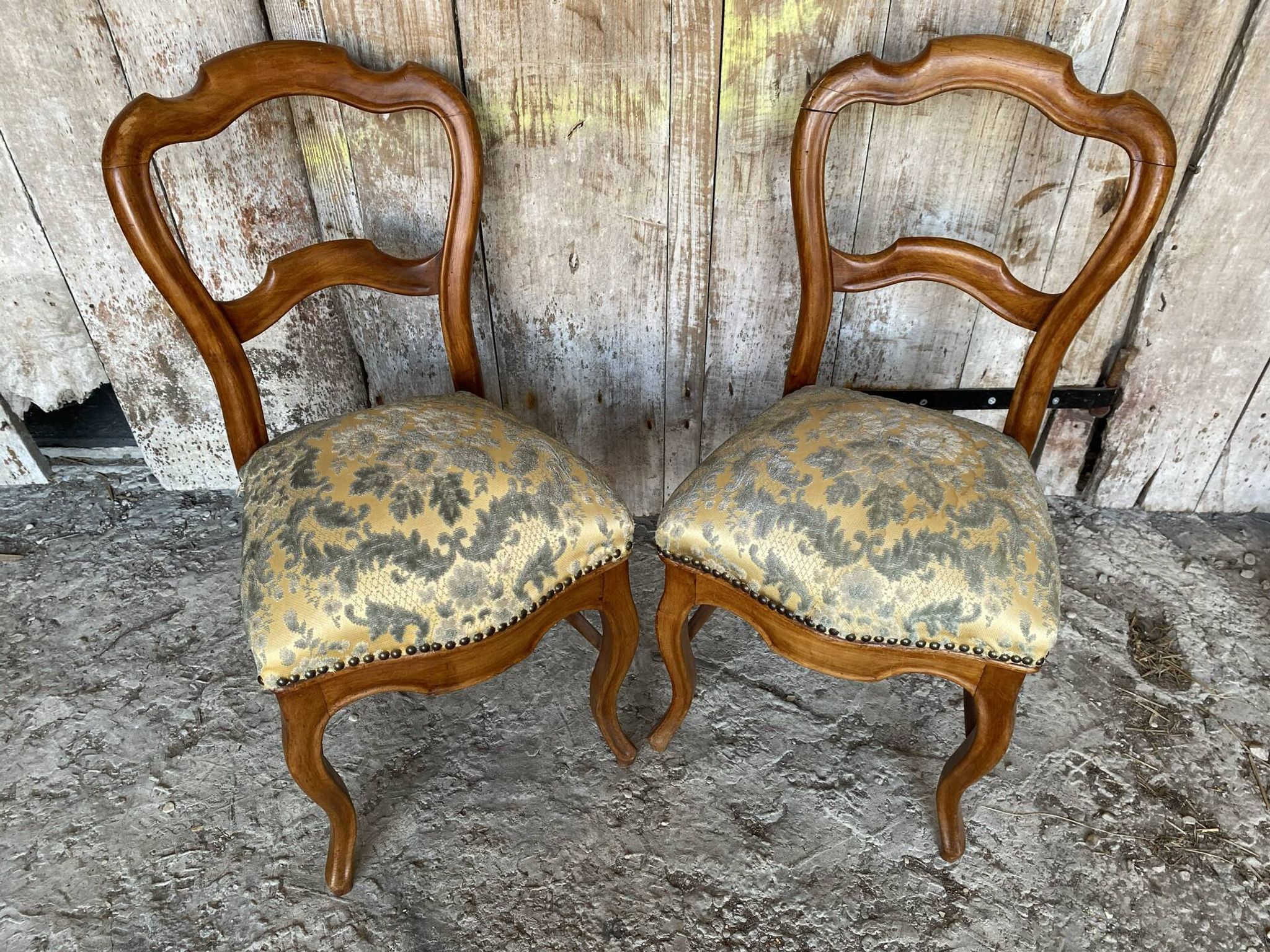 Pair of Antique Louis Philippe Chairs Wood + Fabric Seat 19th Century Vintage