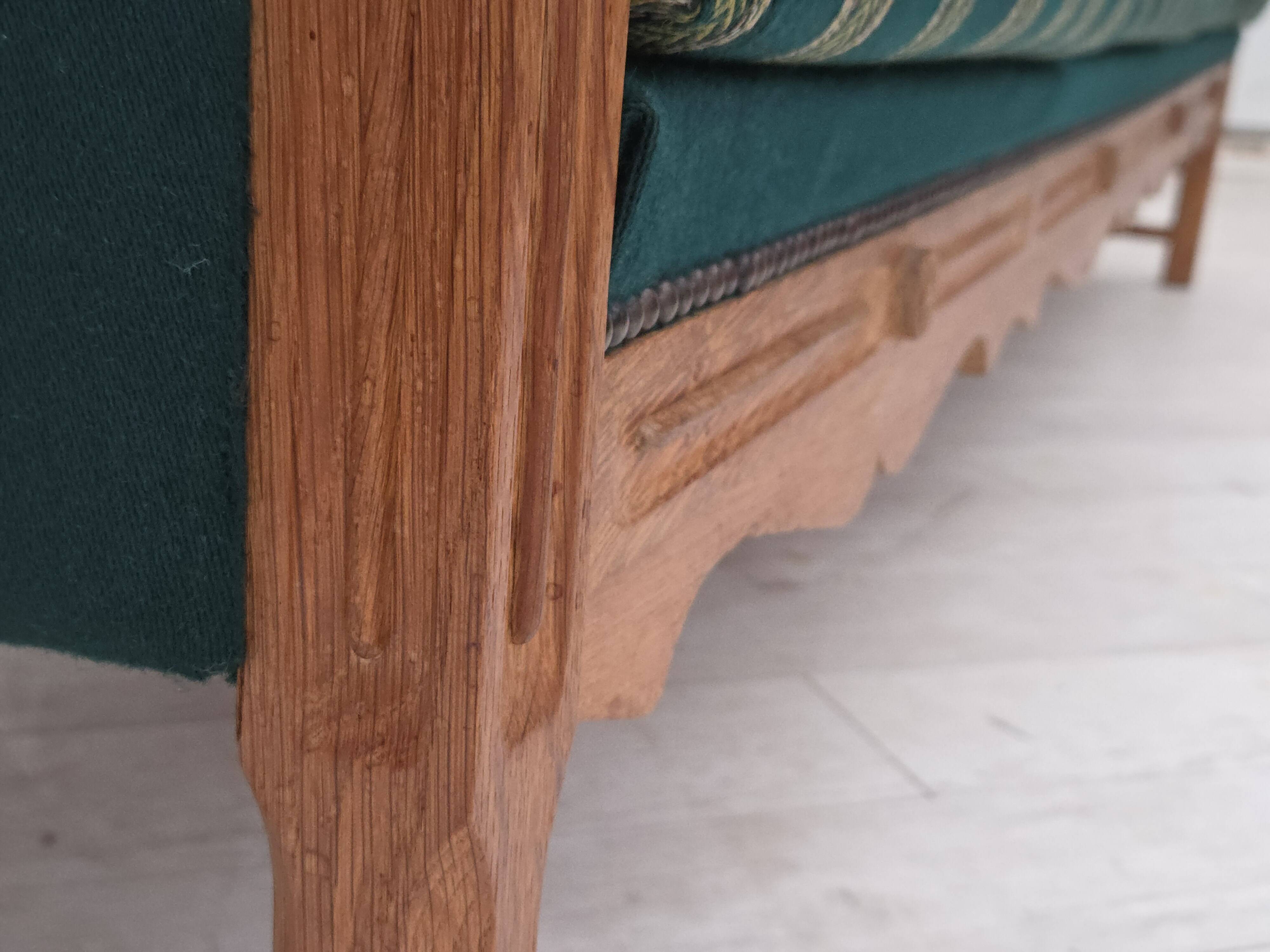 1970s, Danish 4-seater sofa, furniture wool, solid oak wood.