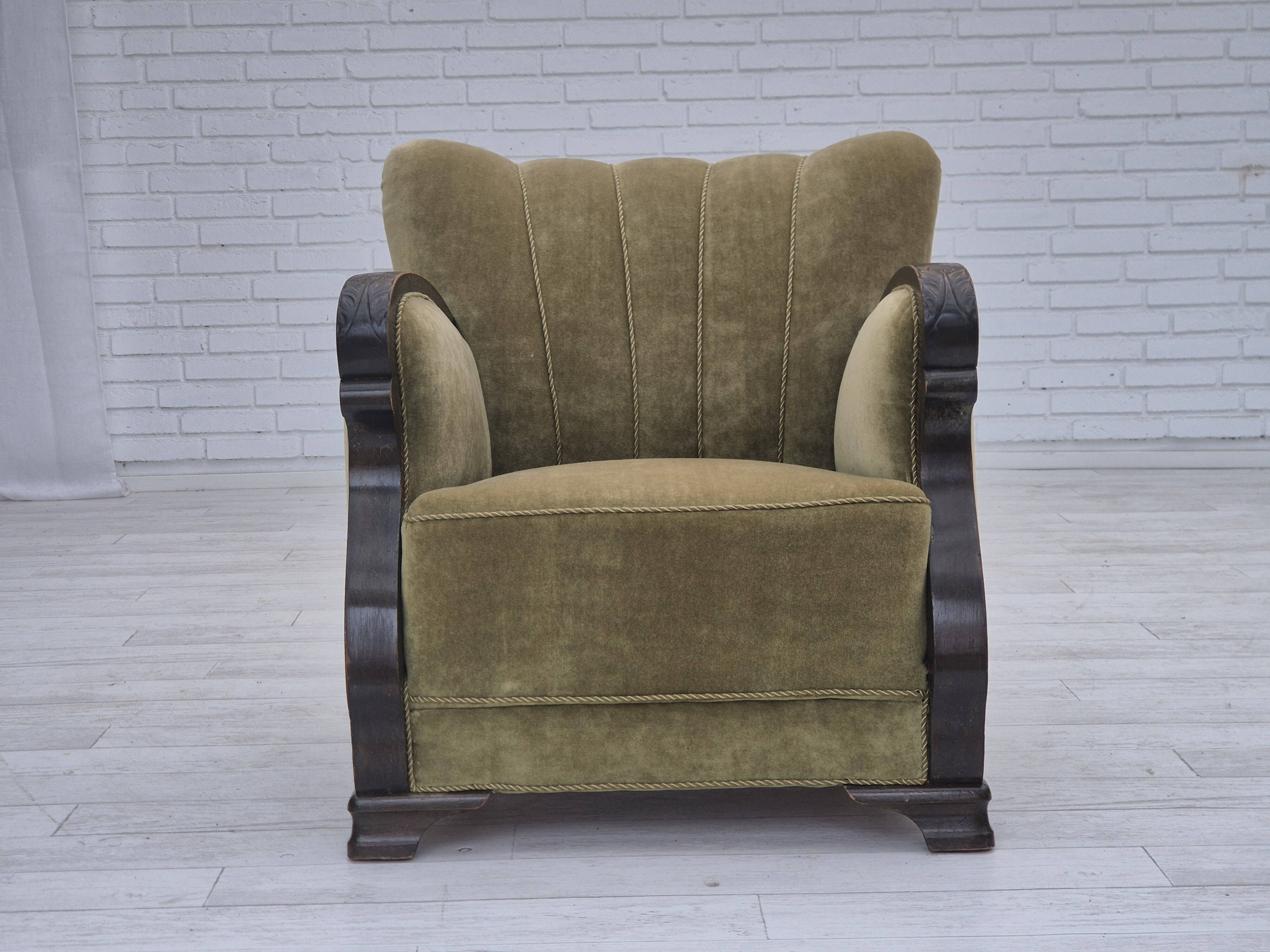 1950s, Danish relax armchair, green furniture velour, beech wood.