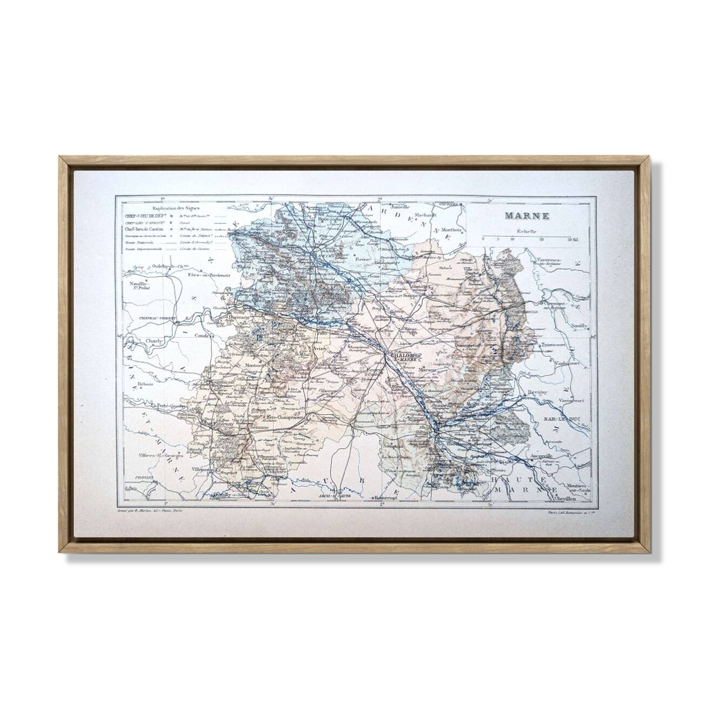 Map of the Marne, 1889. Authentic Vintage.