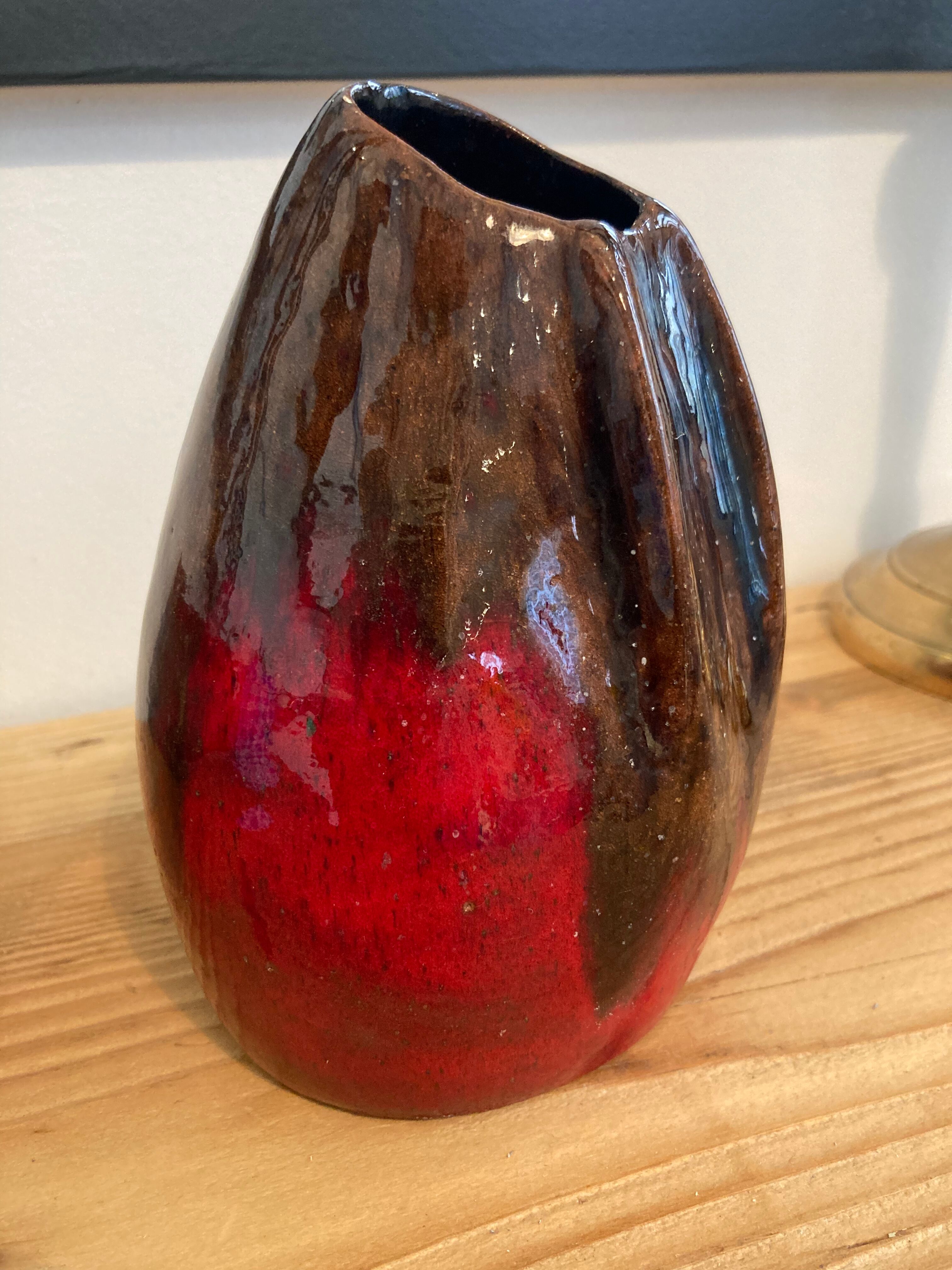 Red & brown glazed stoneware vase