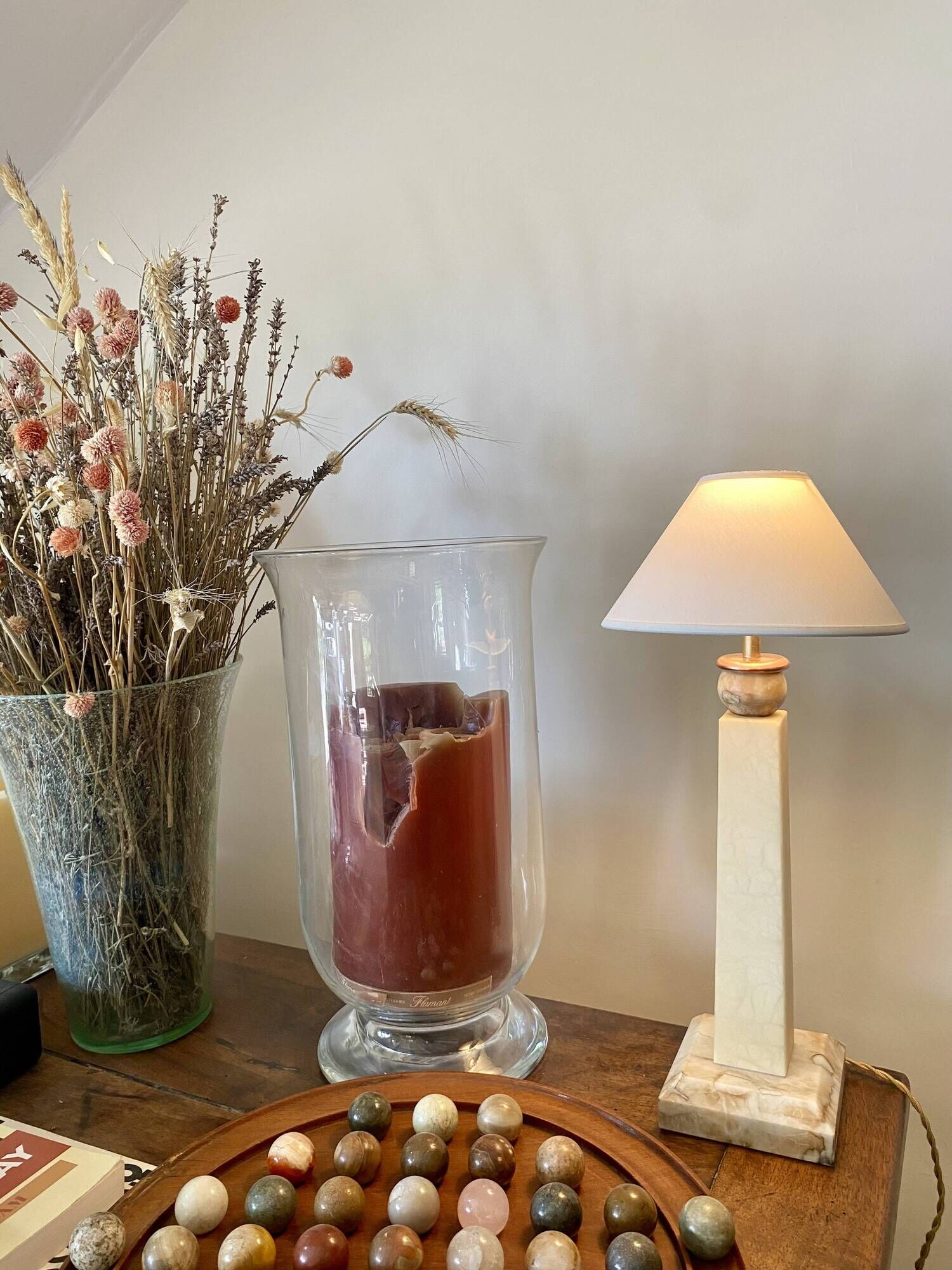 Alabaster lamp, 2M braided fabric cable, cotton shade