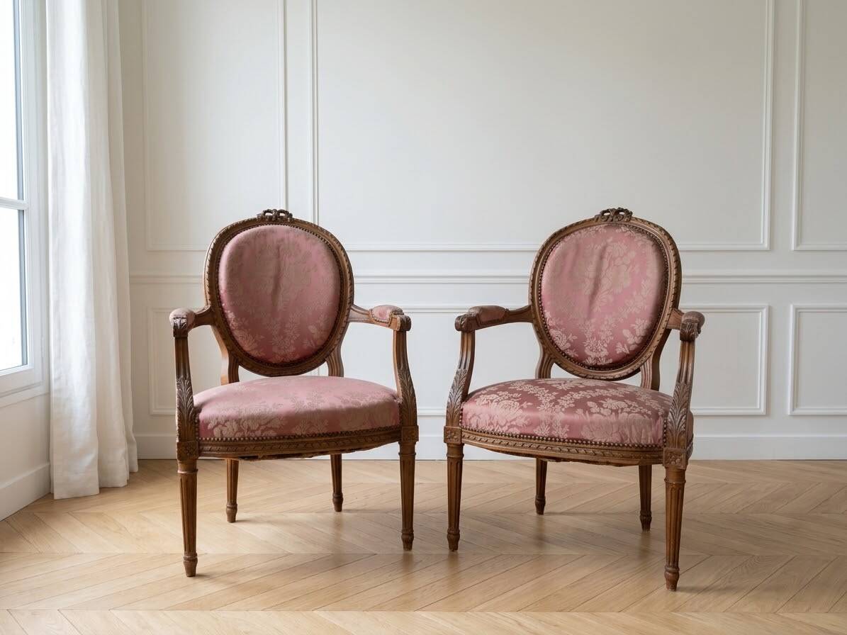 Pair of Louis XVI medallion armchairs in wood and pink fabric.