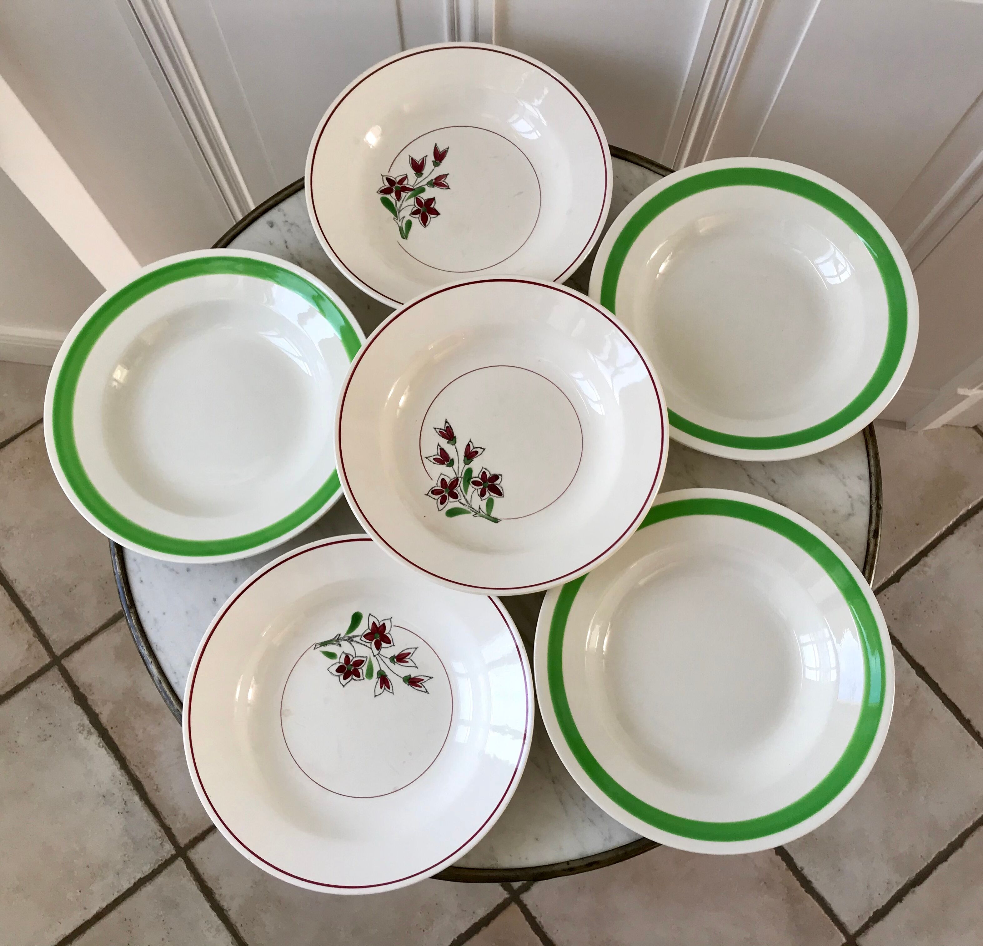 Set of 6 green and pink hollow plates Salins and Niderviller 40s