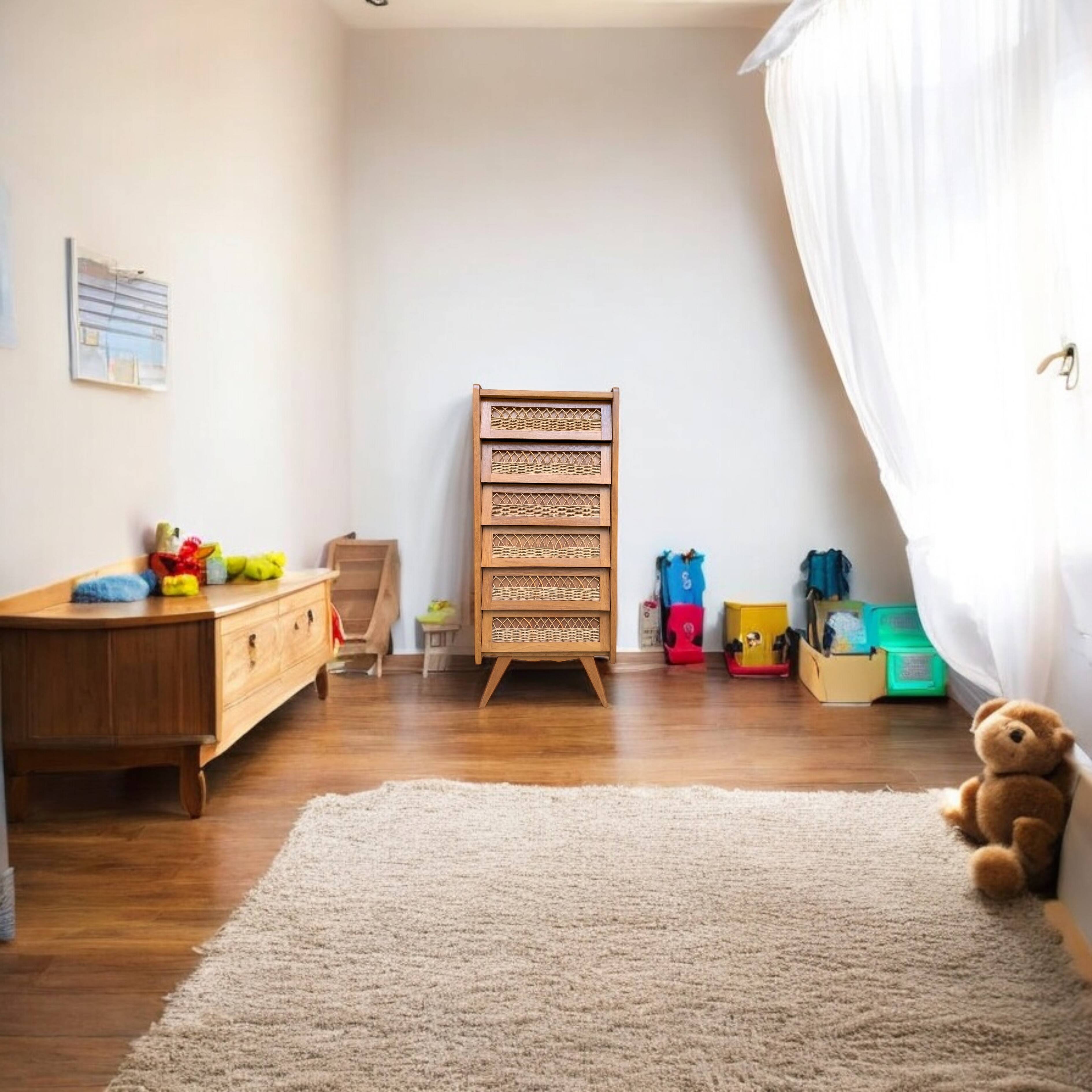 Vintage rattan chiffonier with compass feet 1950