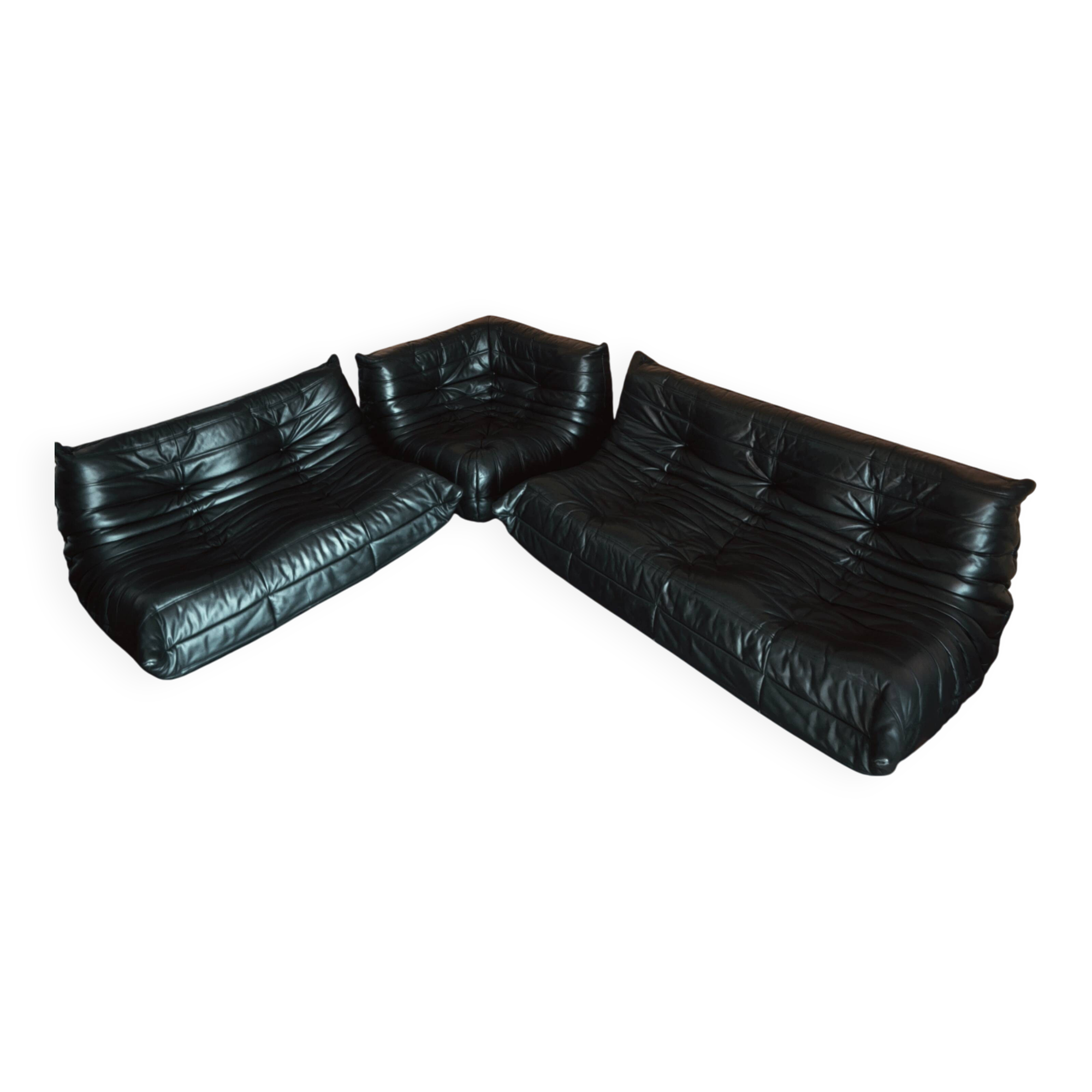 Ligne Roset Togo sofa, 3-seater, 2-seater, and corner in black leather.