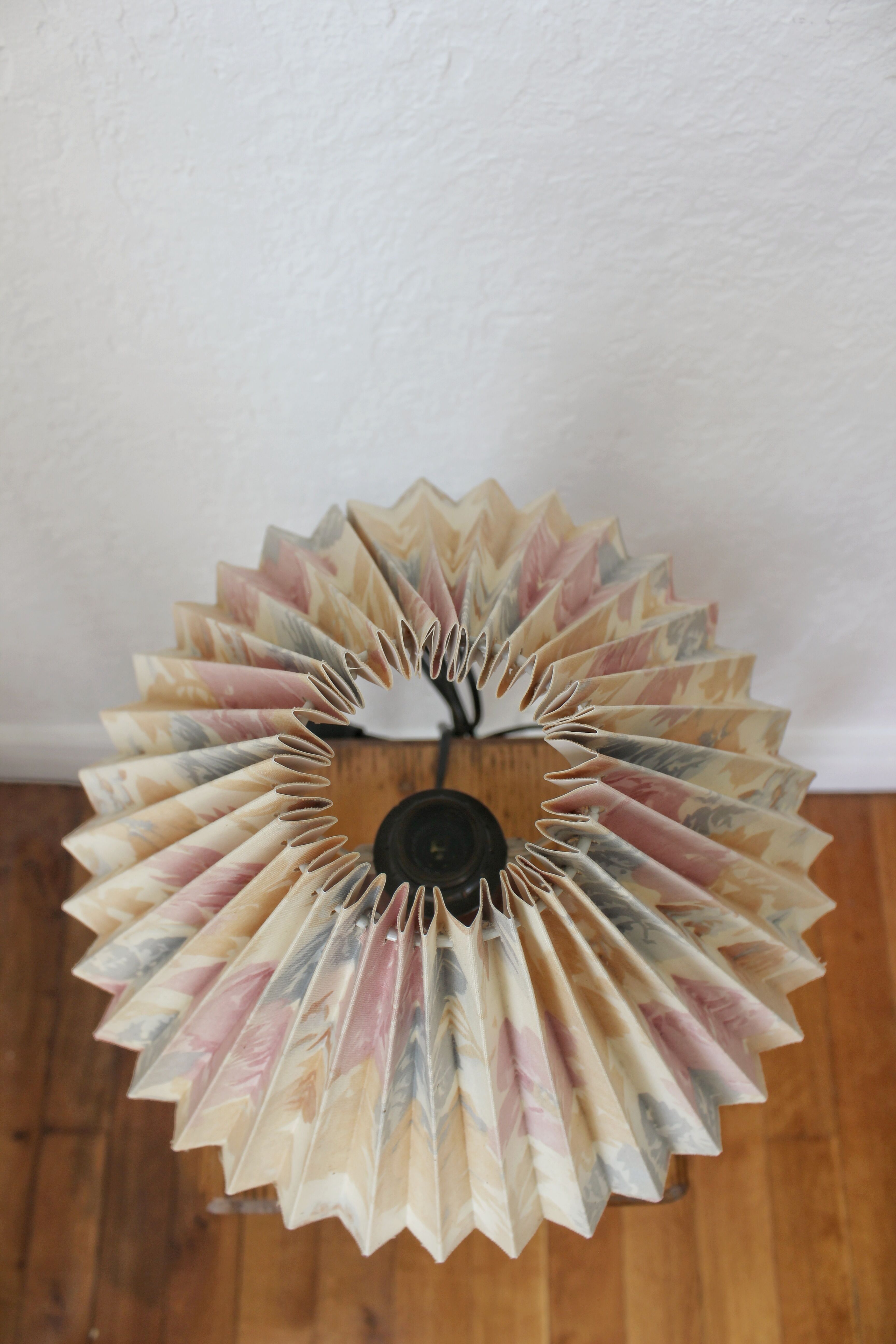 Wooden table lamp with vintage floral pleated lampshade