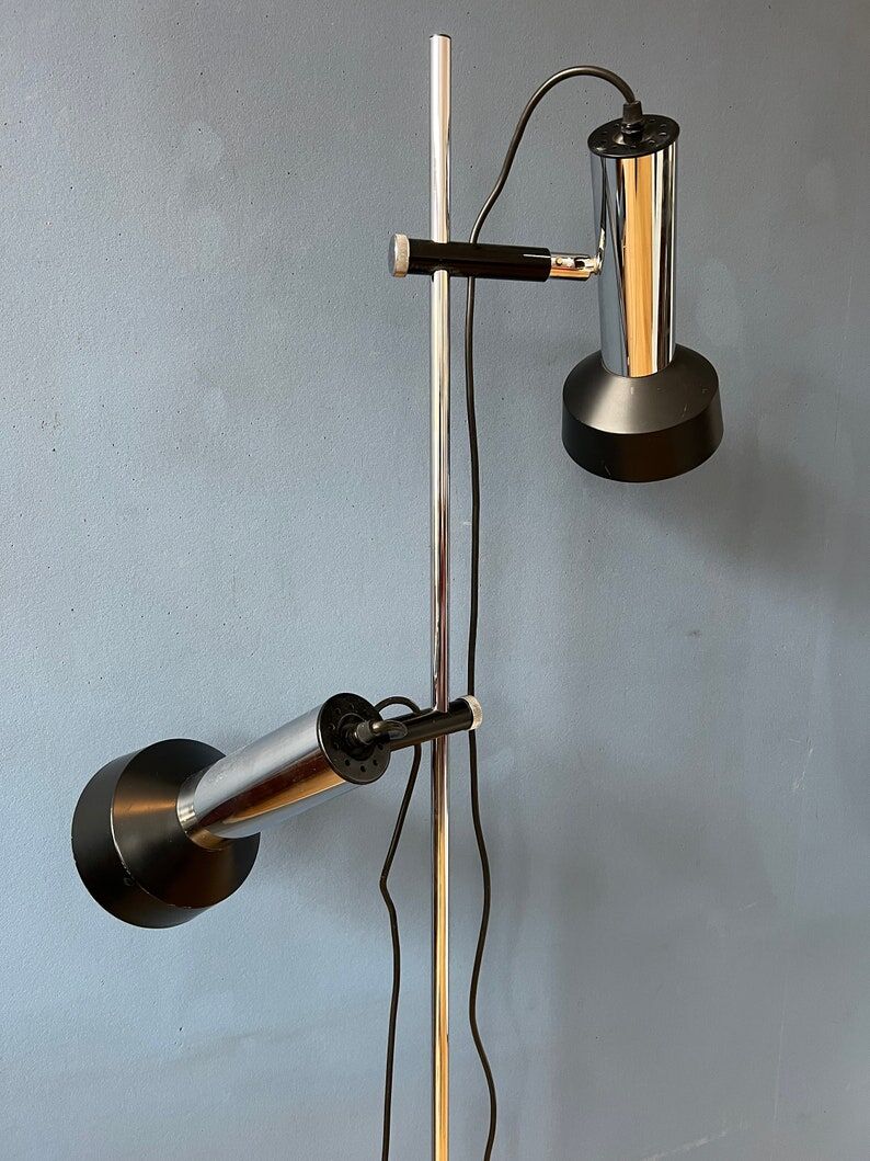 Mid-century floor lamp with two black/chrome spotlights