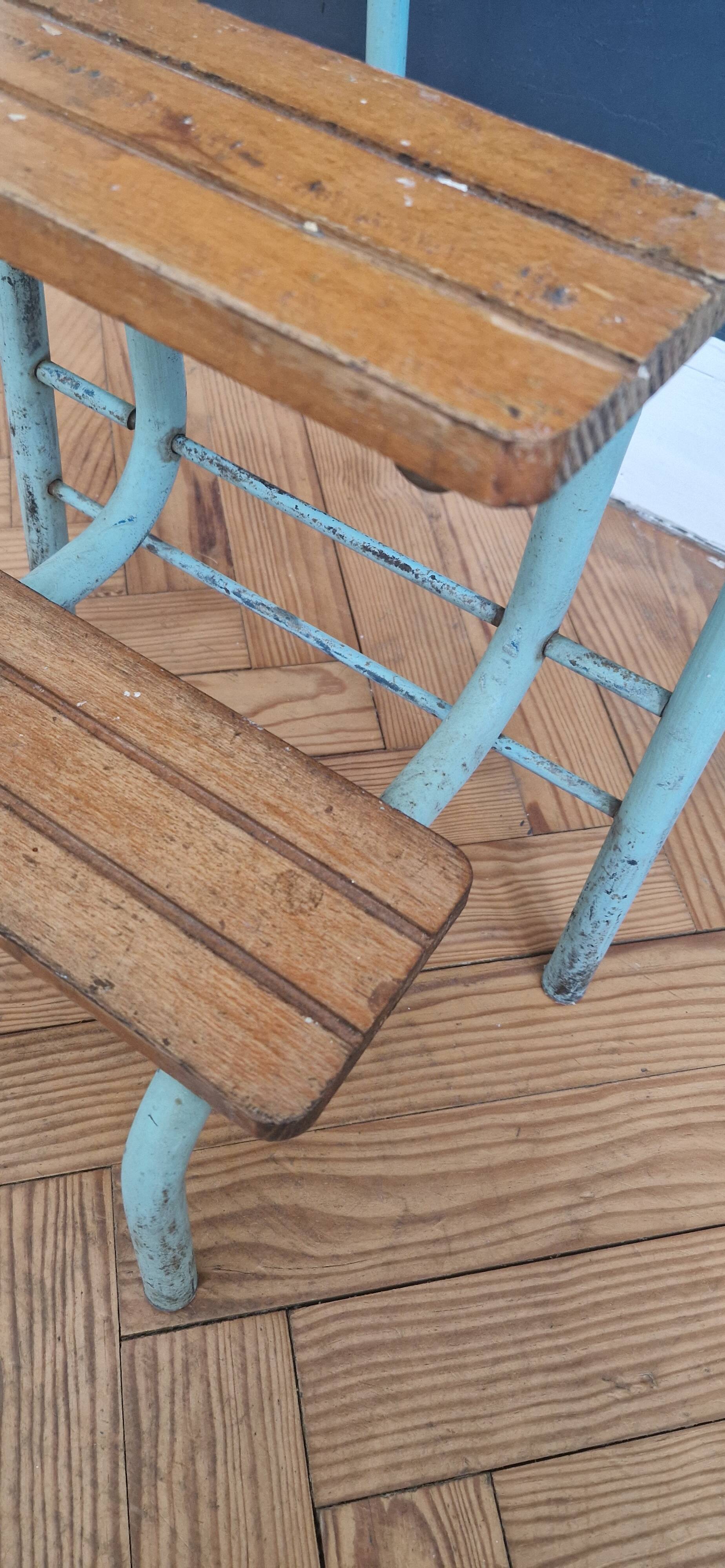 Tabouret escabeau vintage en bois et acier