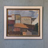 Mid-Century Modern Swedish "City Blocks" Vintage Abstract Oil Painting, Framed