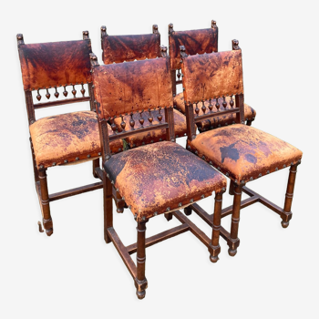 5 Henri II chairs in solid wood and neo renaissance leather nineteenth century