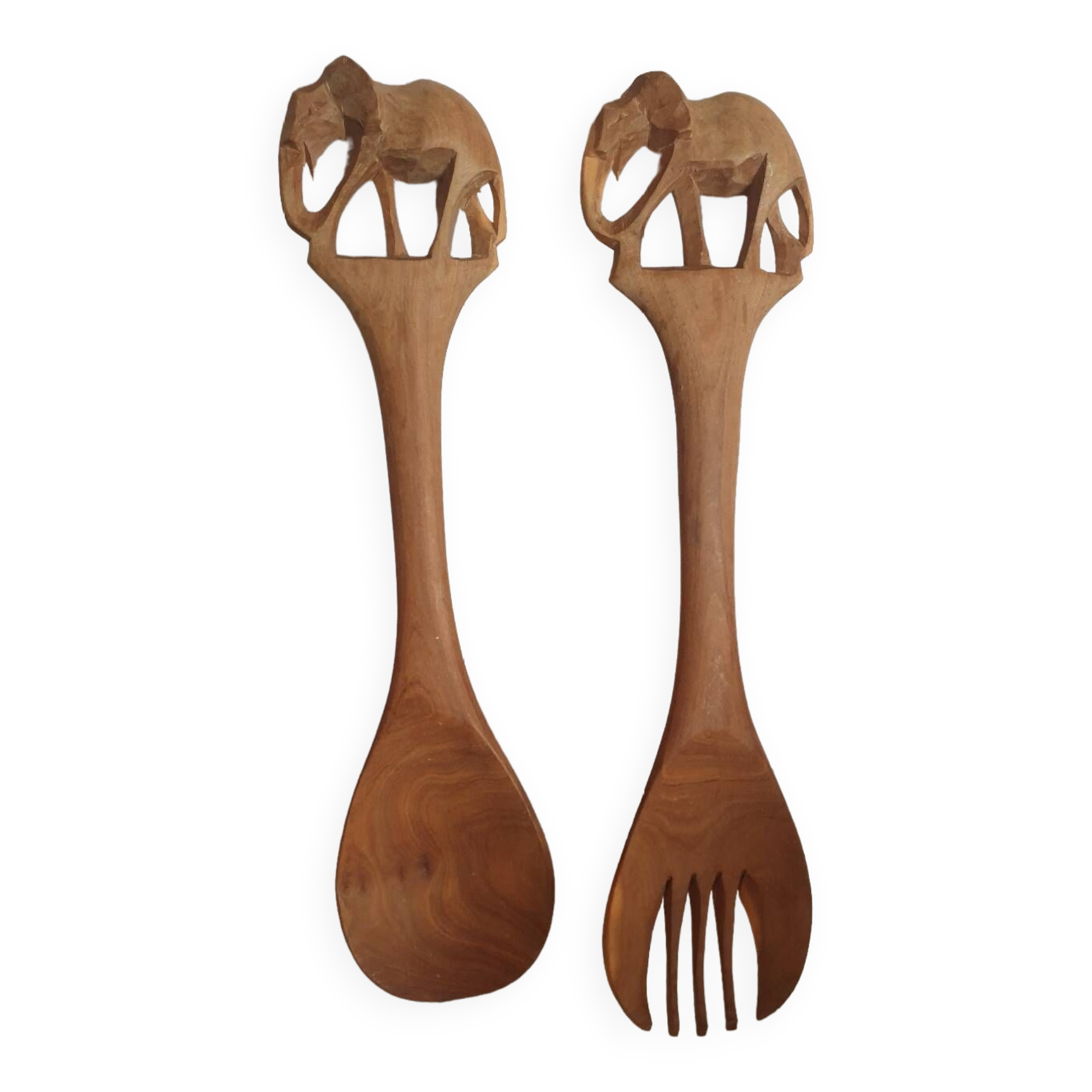 Vintage folk art carved wooden service cutlery