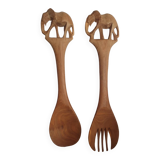 Couverts de service n bois sculpté art populaire vintage