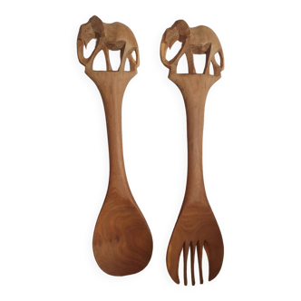 Vintage folk art carved wooden service cutlery