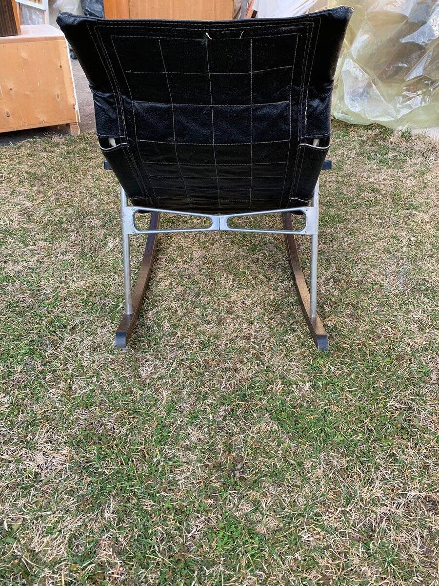 Black leather rocking chair, metal and wood by Takeshi Nii, Japan 1950s.