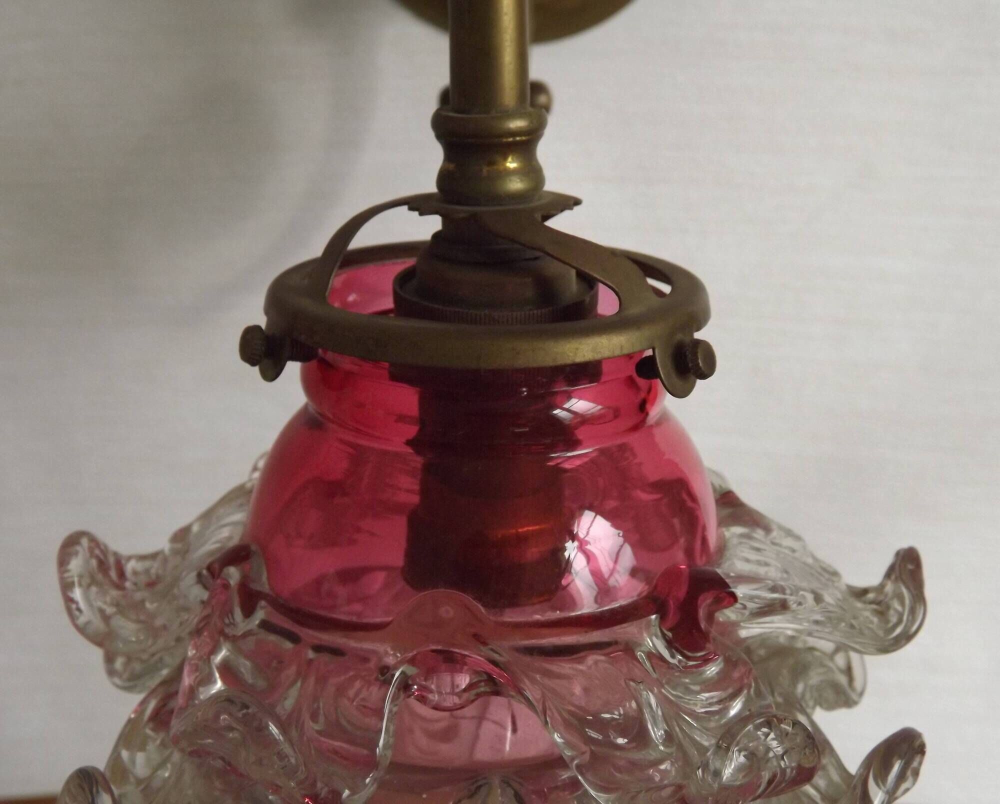 French Brass Single Wall Light with Pink & Clear Floral Glass Shade