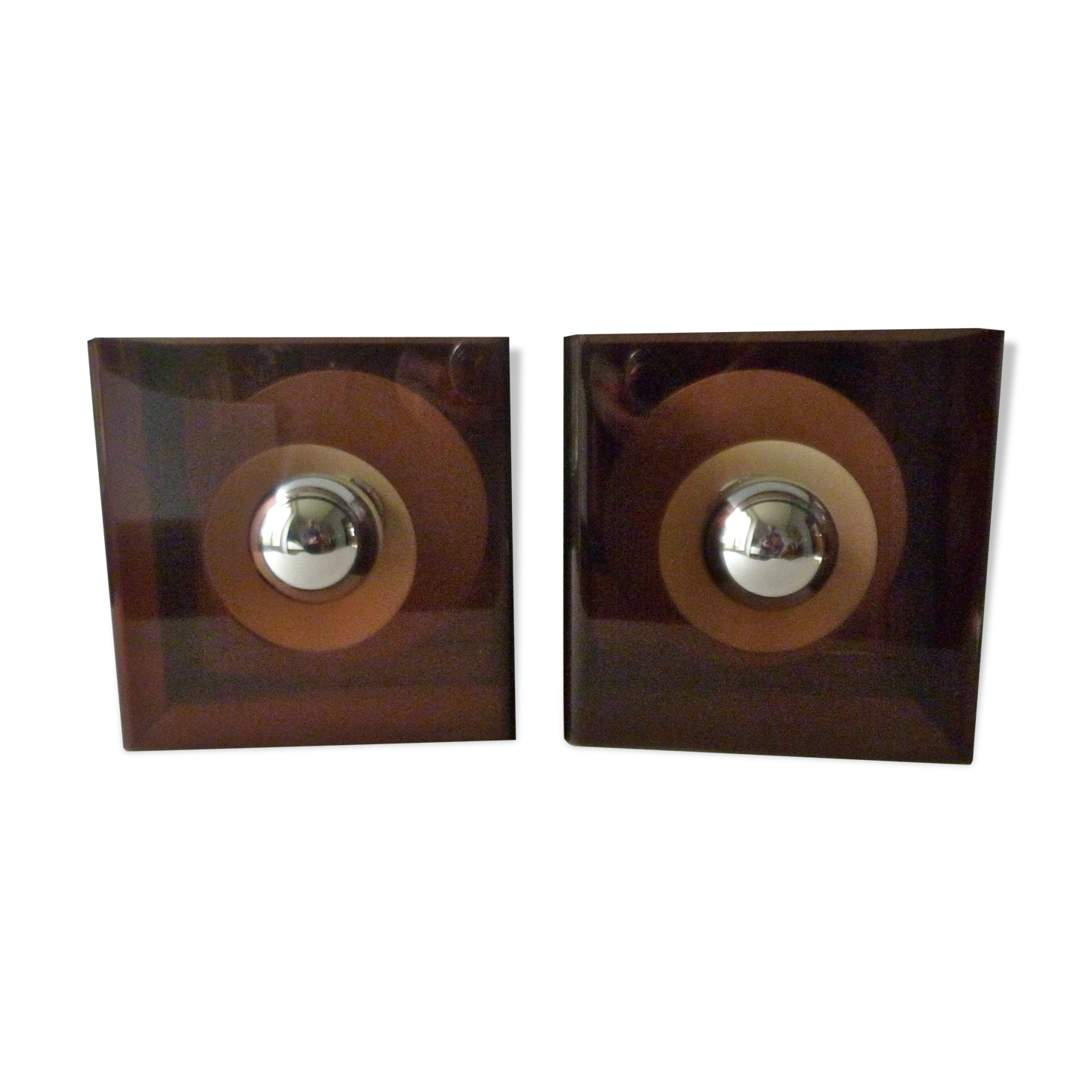 Pair of chromed metal and smoked plexiglass of the 1970s