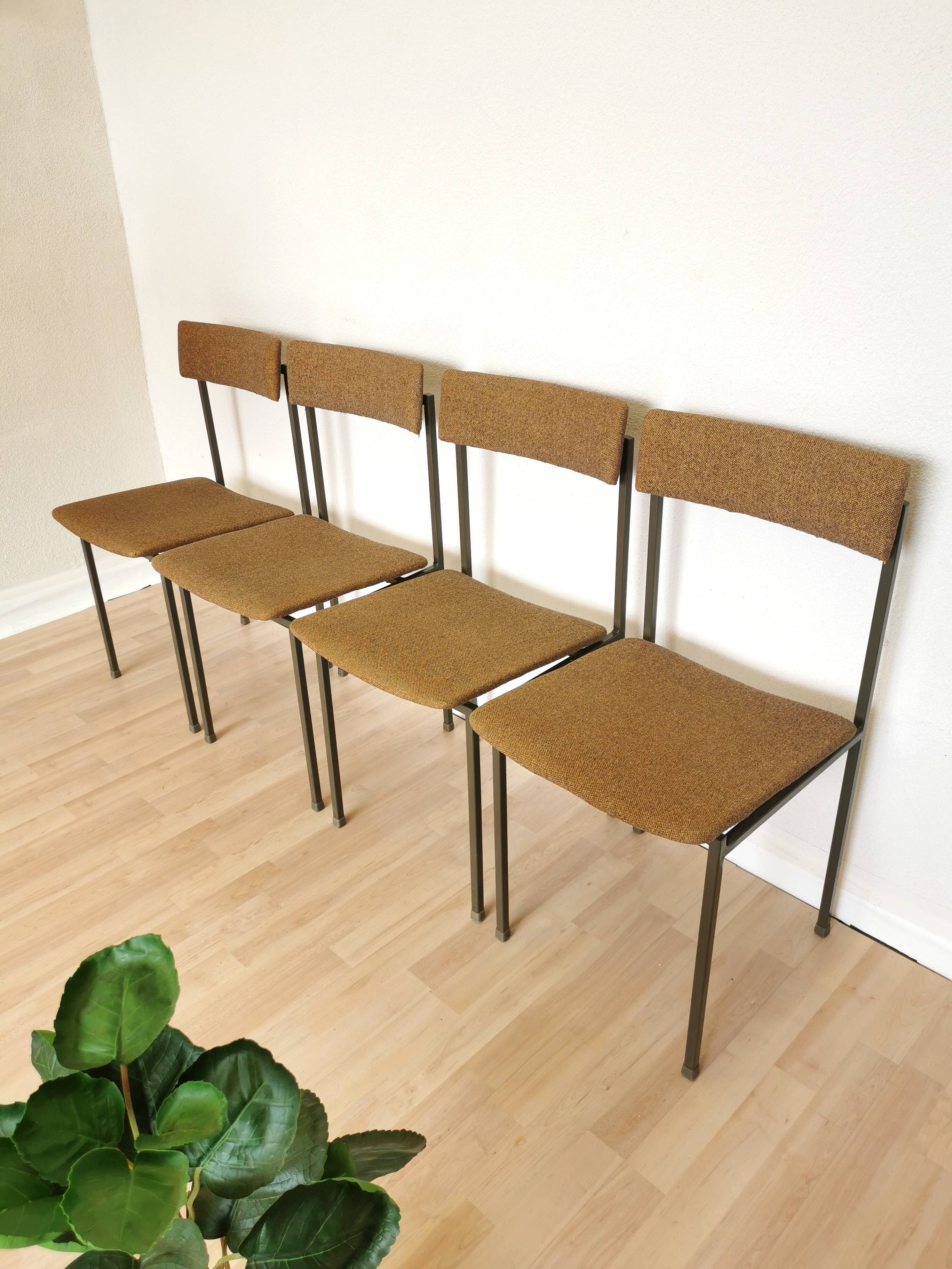 Set of 4 Vintage Industrial School Chairs: Brown Fabric, Black Metal Base
