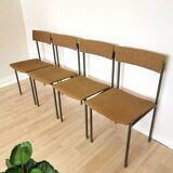 Set of 4 Vintage Industrial School Chairs: Brown Fabric, Black Metal Base