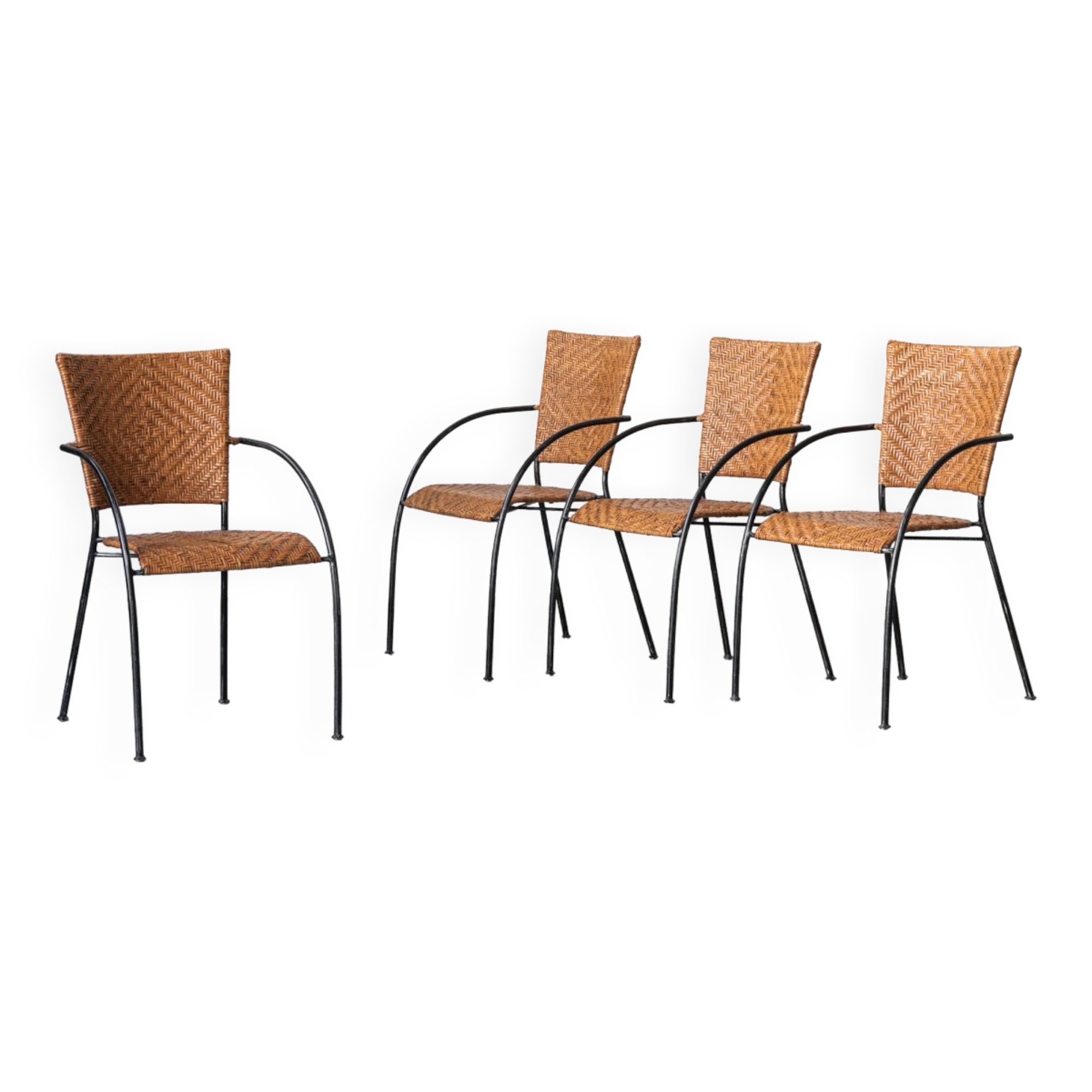 Set of 4 stackable dining chairs in steel and rattan, 1970s