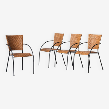 Set of 4 stackable dining chairs in steel and rattan, 1970s