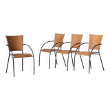 Set of 4 stackable dining chairs in steel and rattan, 1970s