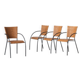 Set of 4 stackable dining chairs in steel and rattan, 1970s