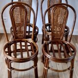 Set of 4 rattan / bamboo chairs and canning with cushions 50-60s