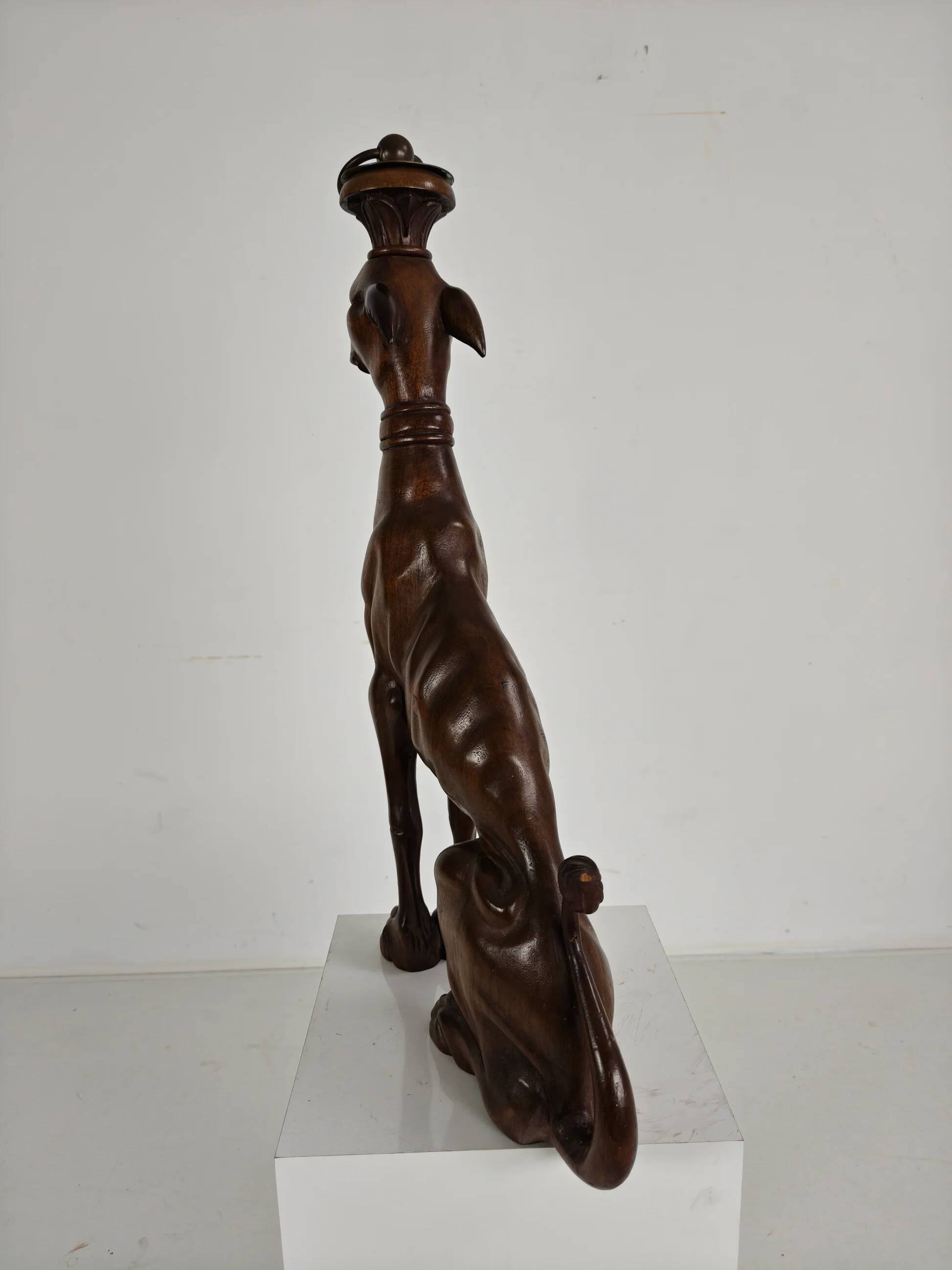 Hand-carved wooden greyhound statue - 20th century