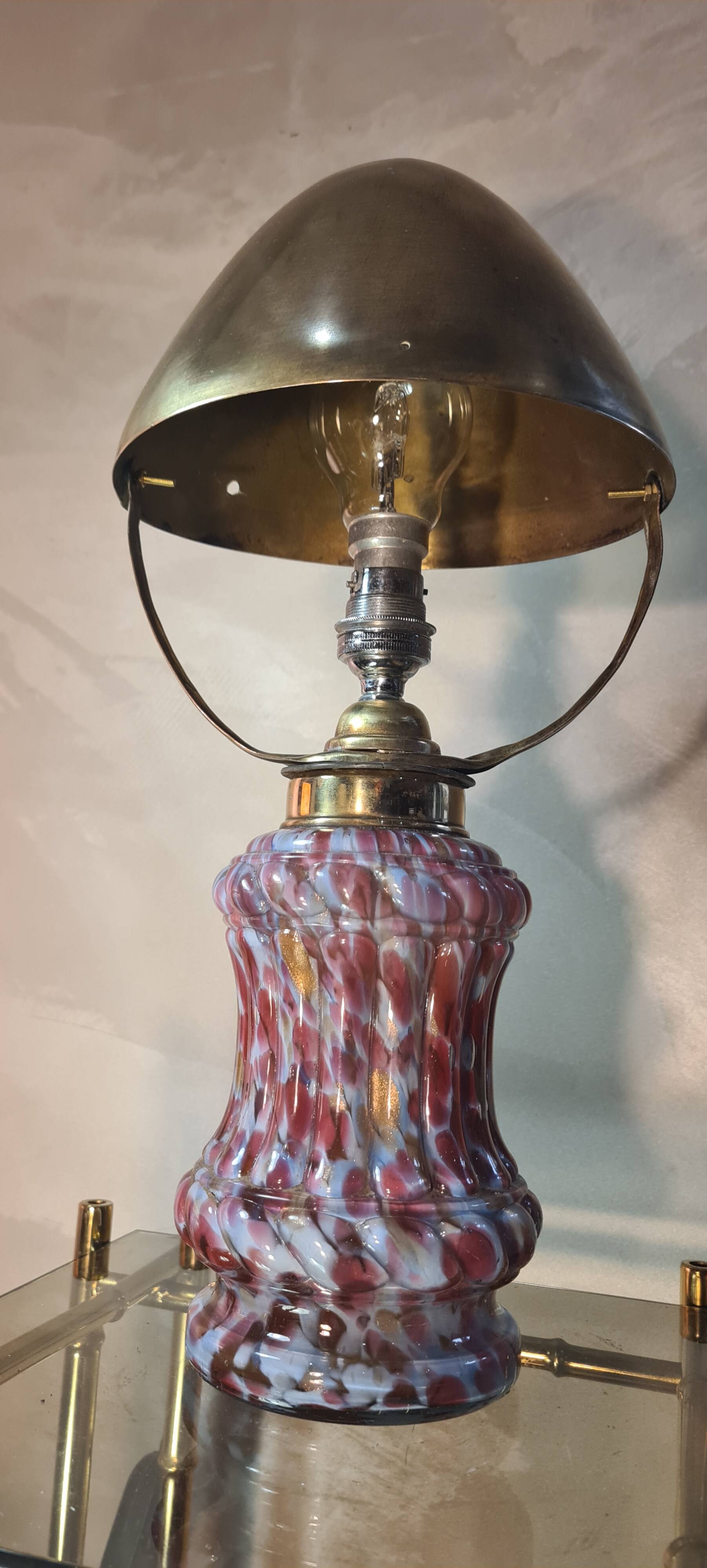 mushroom lamp 1910 superb multicolored glass base, adjustable brass lampshade, 39x19