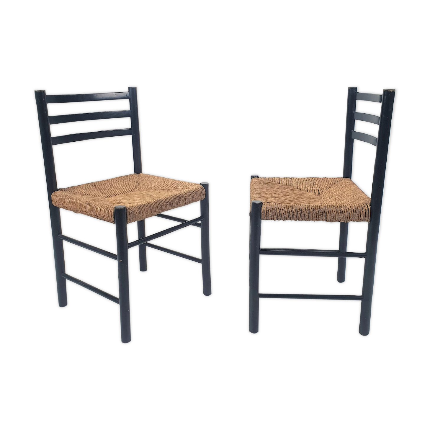 Set of 2 black and straw modernist side chairs, 1960s