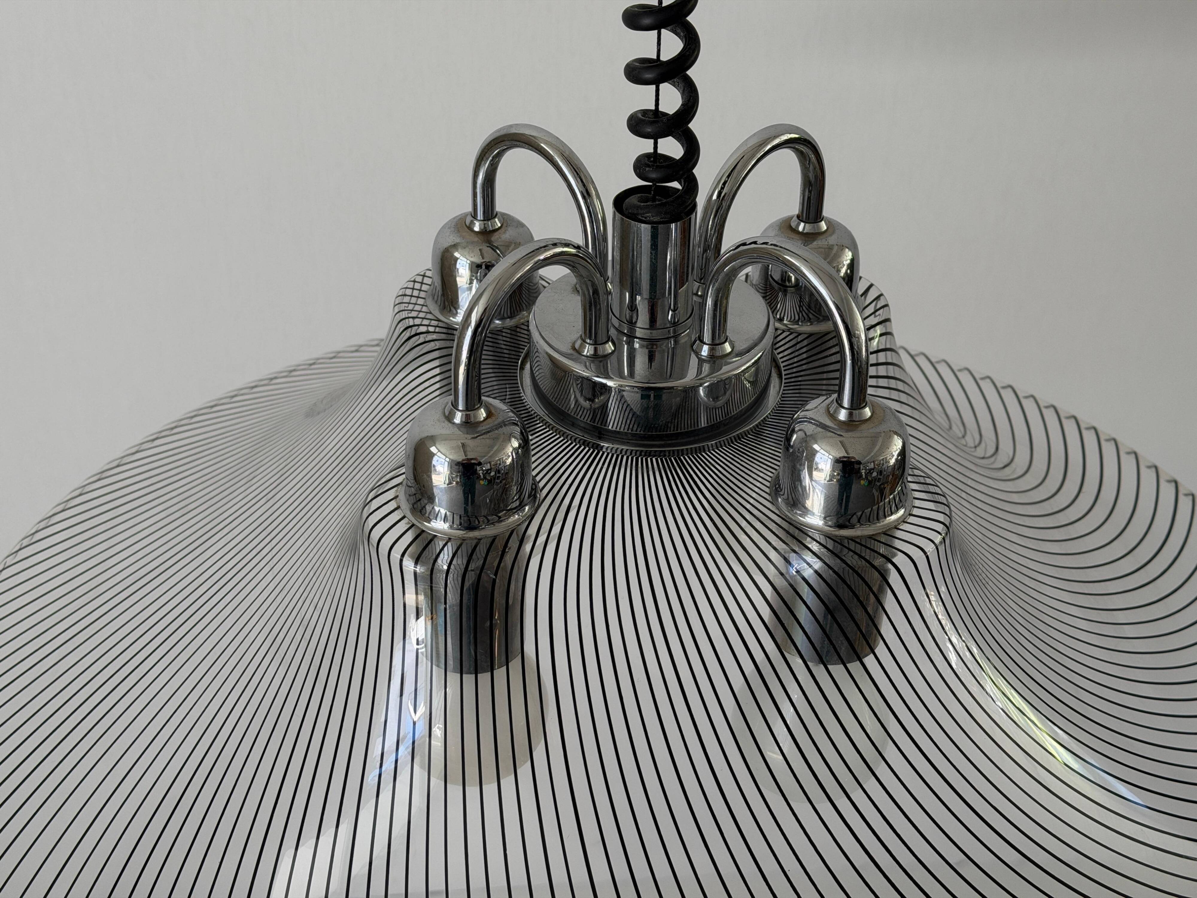 Suspended lamp with 4 sockets, chrome body and plexiglass shade, 1970s, Germany.