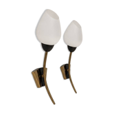 Paire d'appliques en laiton et opaline, France, 1960