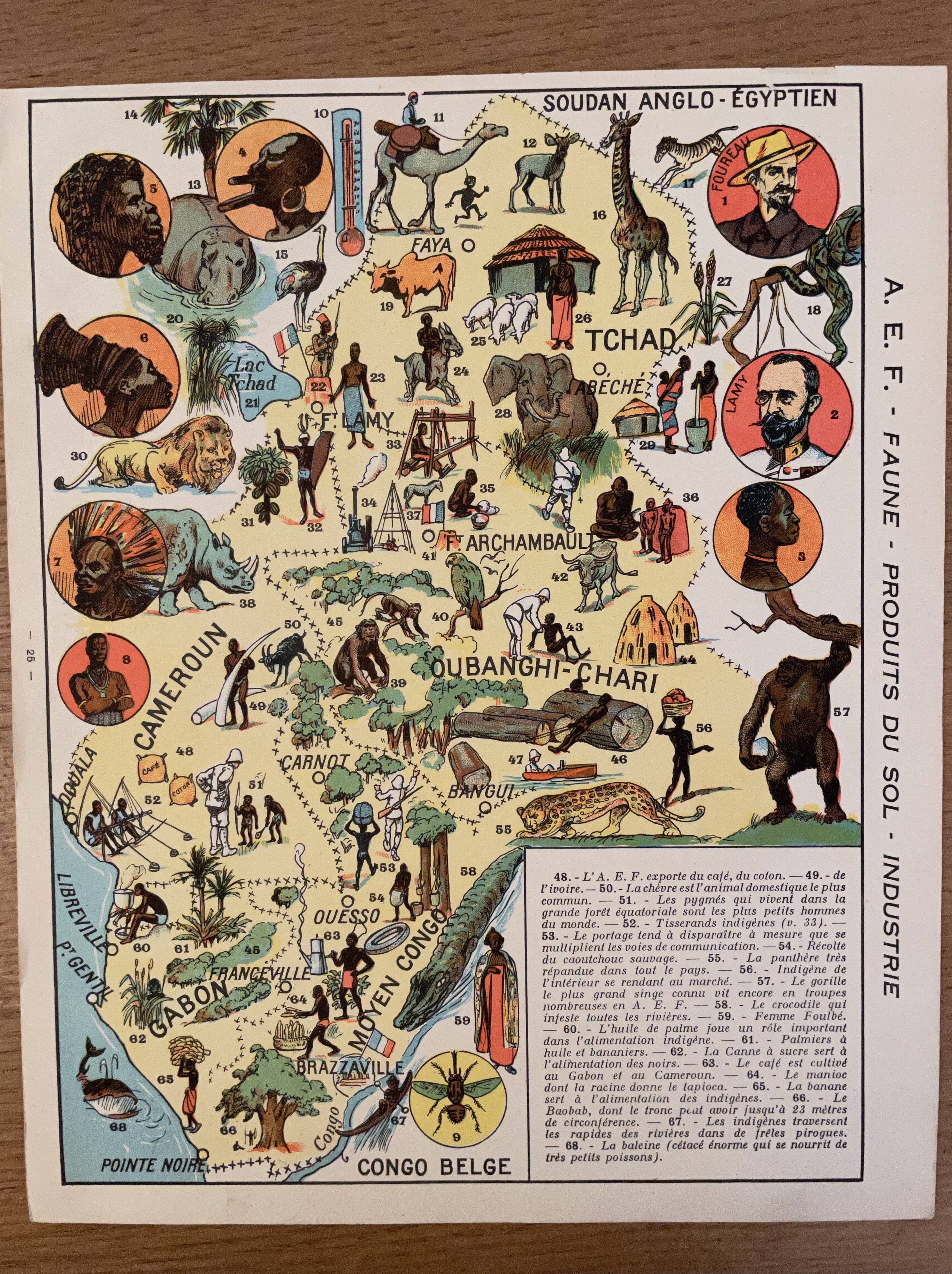 Old poster map of French Equatorial Africa (soil products and industry) - 1931