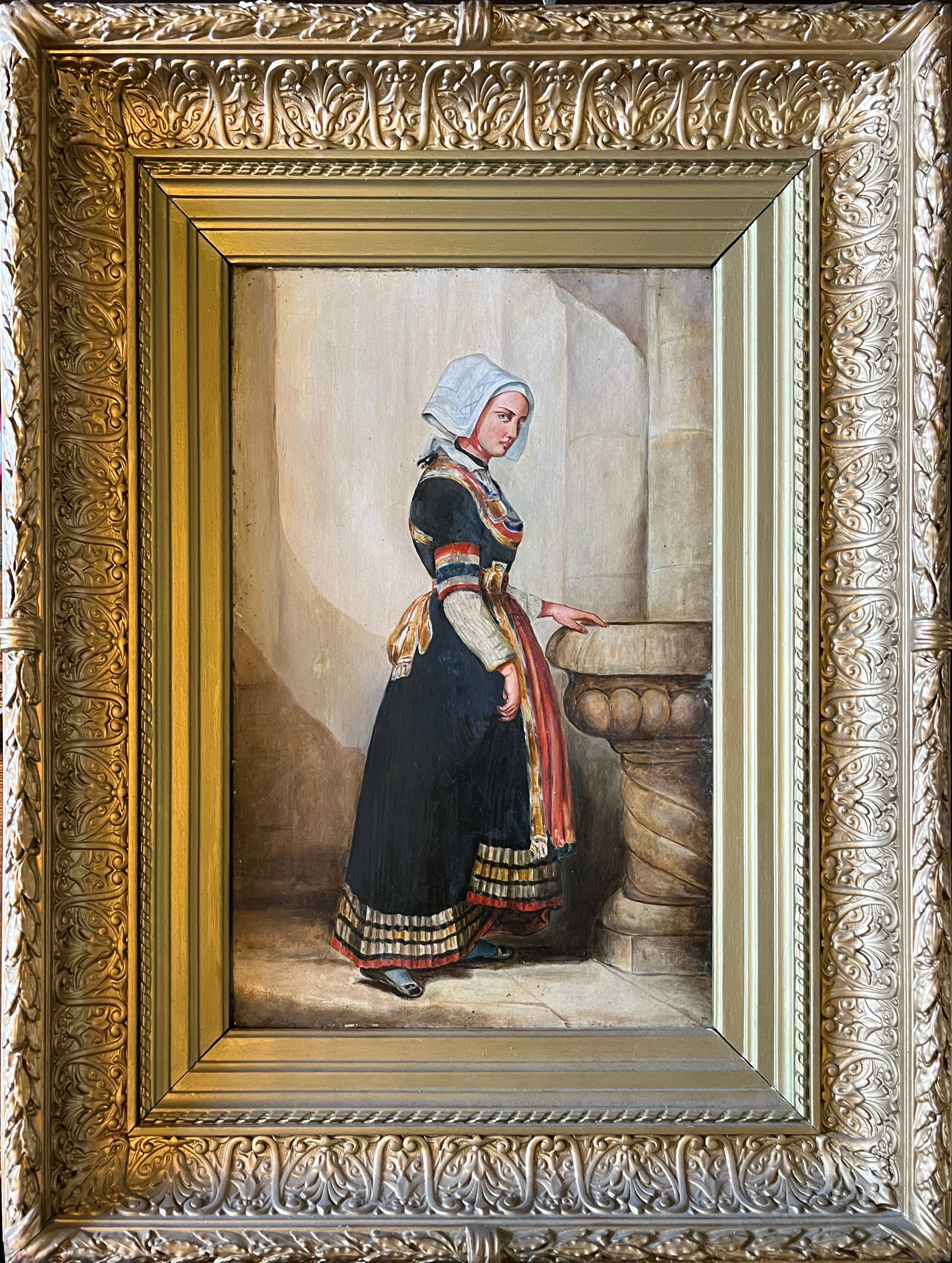 HST painting "Portrait of a young woman in traditional costume" 19th century