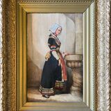 Tableau, huile sur toile "Portrait de jeune femme en costume traditionnel" XIXème s.